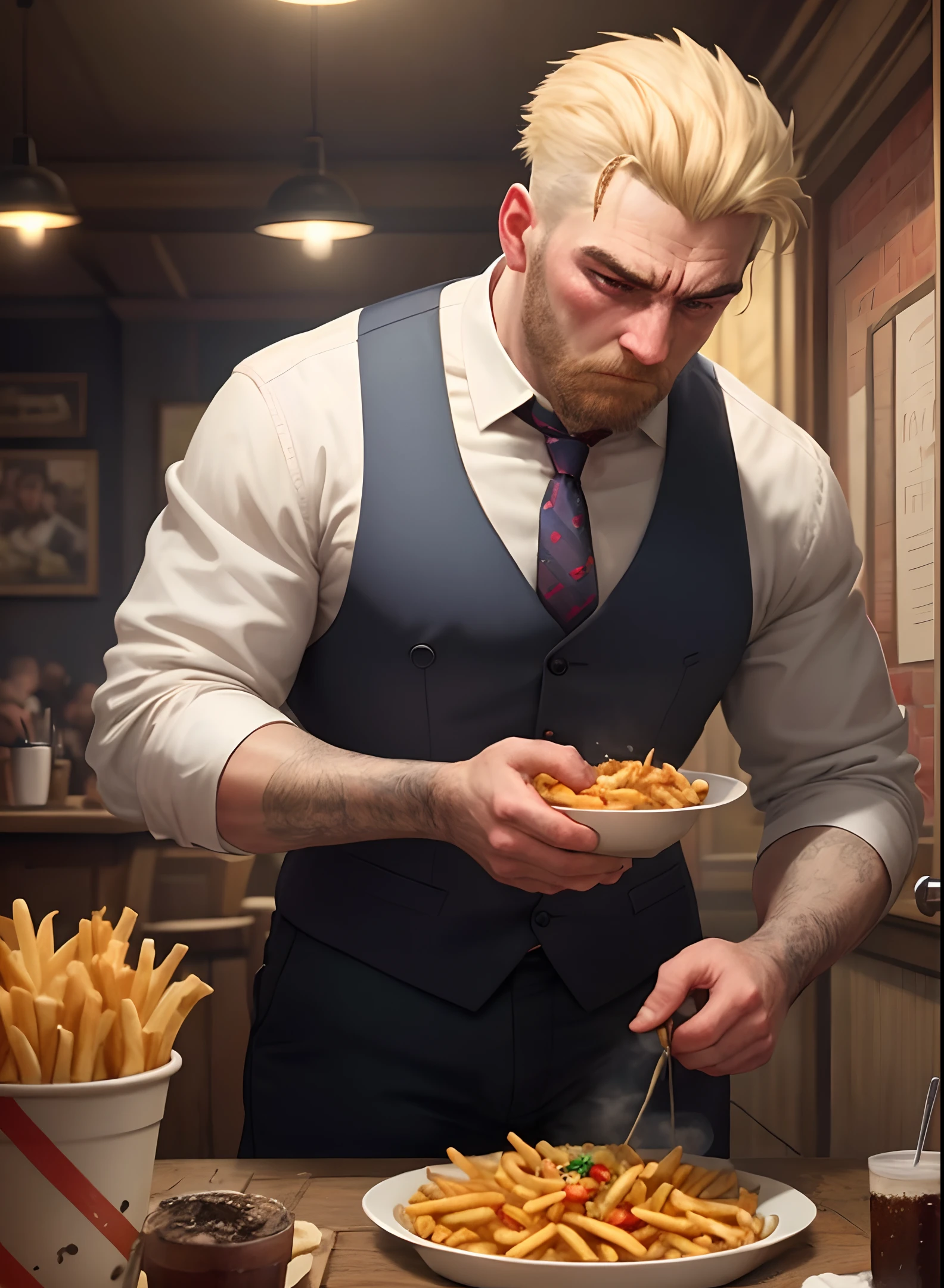 Detailed, high-quality CG illustrations modeled after tough and aggressive British gangs. This work captures the essence of the avant-garde and instinctive world of the British underworld with complex and detailed descriptions of classic English pub food, including crispy and perfectly seasoned french fries.