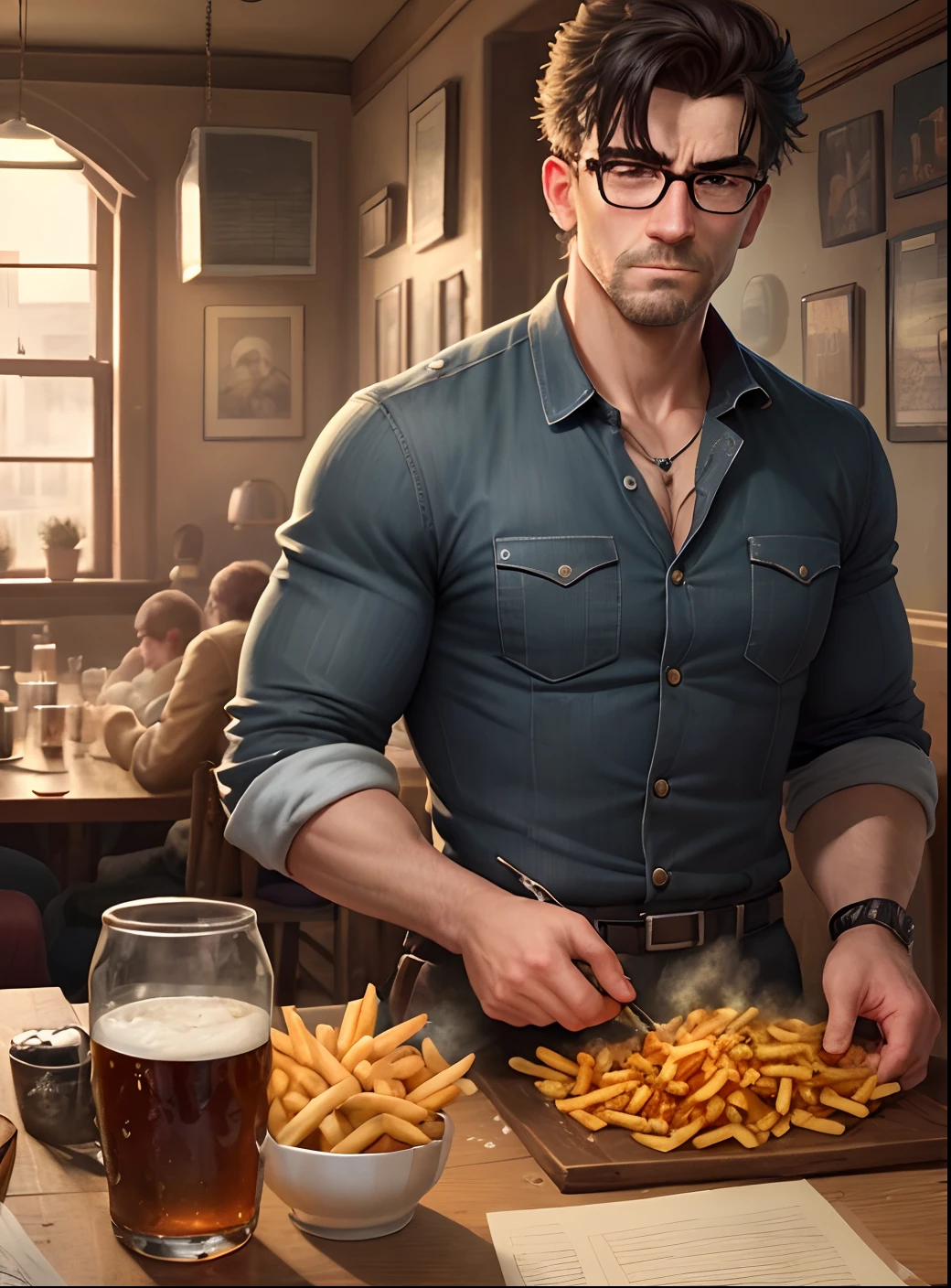 Detailed, high-quality CG illustrations with a tough and atmospheric British gang theme. This work features complex and highly detailed descriptions of classic English pub food, including crispy and perfectly seasoned french fries, a tough guy with glasses that captures the essence of the avant-garde and instinctive world of the British underworld.