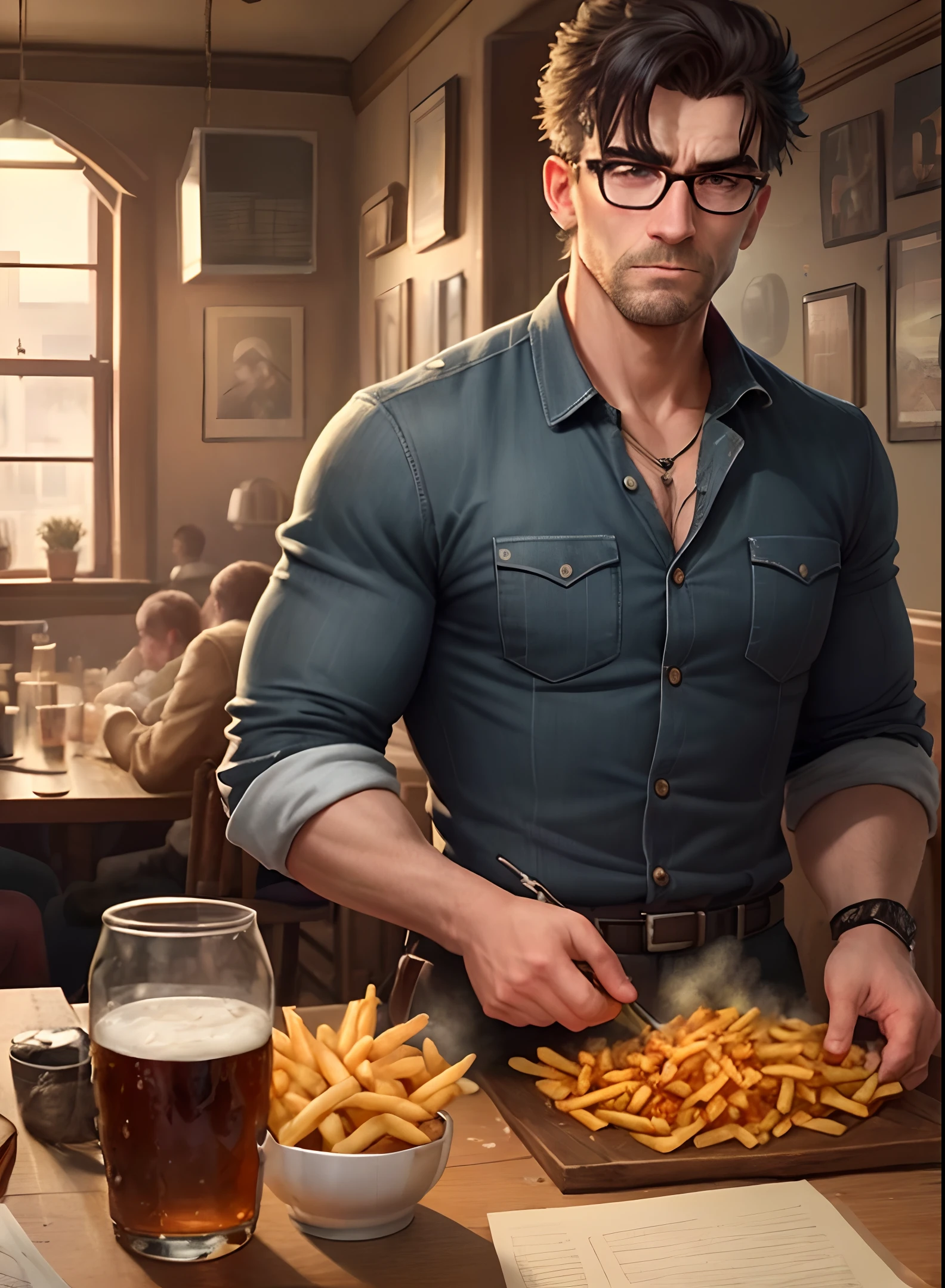 Detailed, high-quality CG illustrations based on tough and aggressive British gangs. This work features complex and highly detailed descriptions of classic English pub food, including crispy and perfectly seasoned french fries, a tough guy with glasses, symmetrical eyes that capture the essence of the avant-garde and instinctive world of the British underworld.