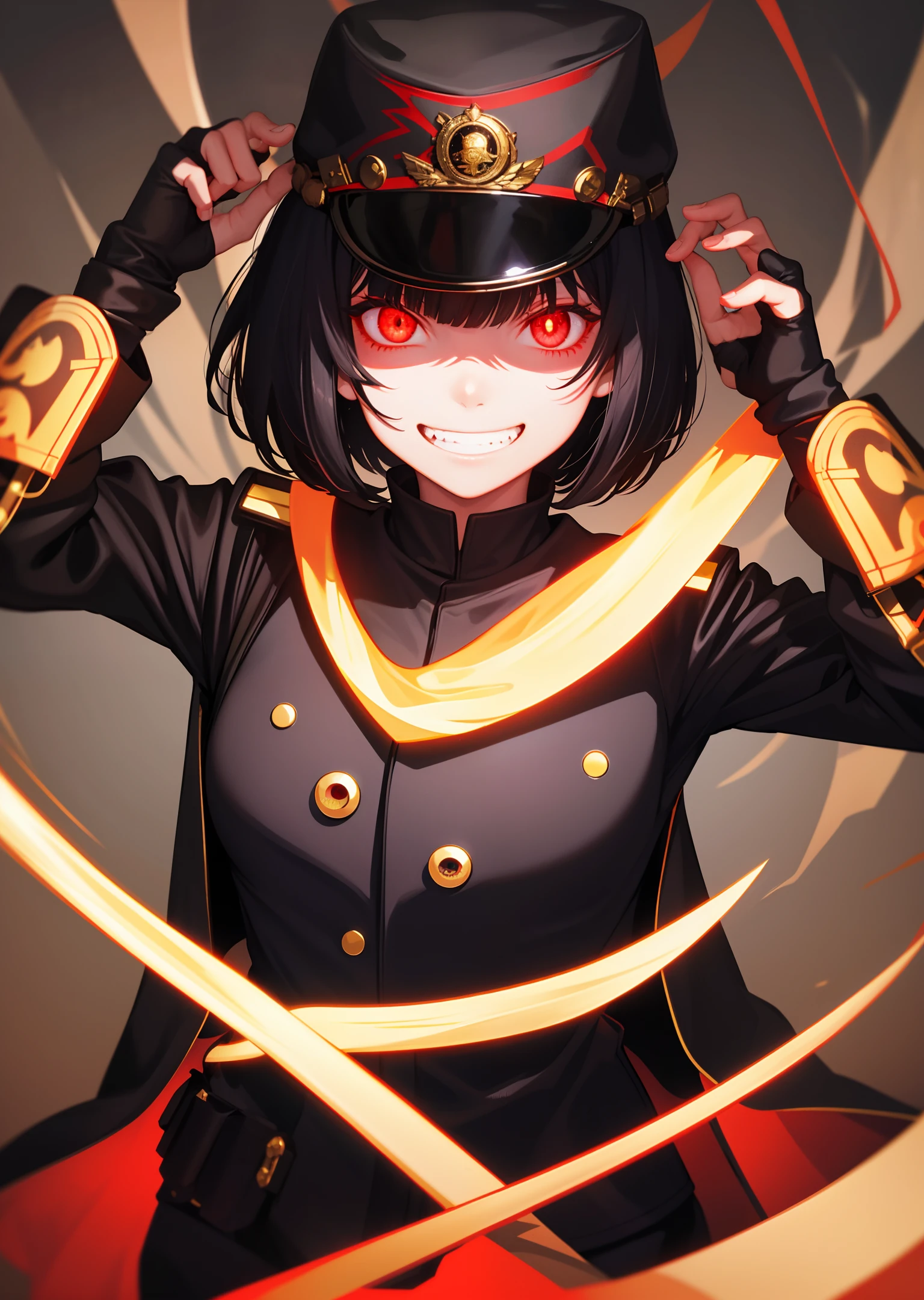 solo, 1girl, evil grin, short bob-cut hair, black hair, glowing red eyes, bright pupils, black coat with golden motifs, long sleeves, mugshot, military cap, militaristic, dark fog, moon