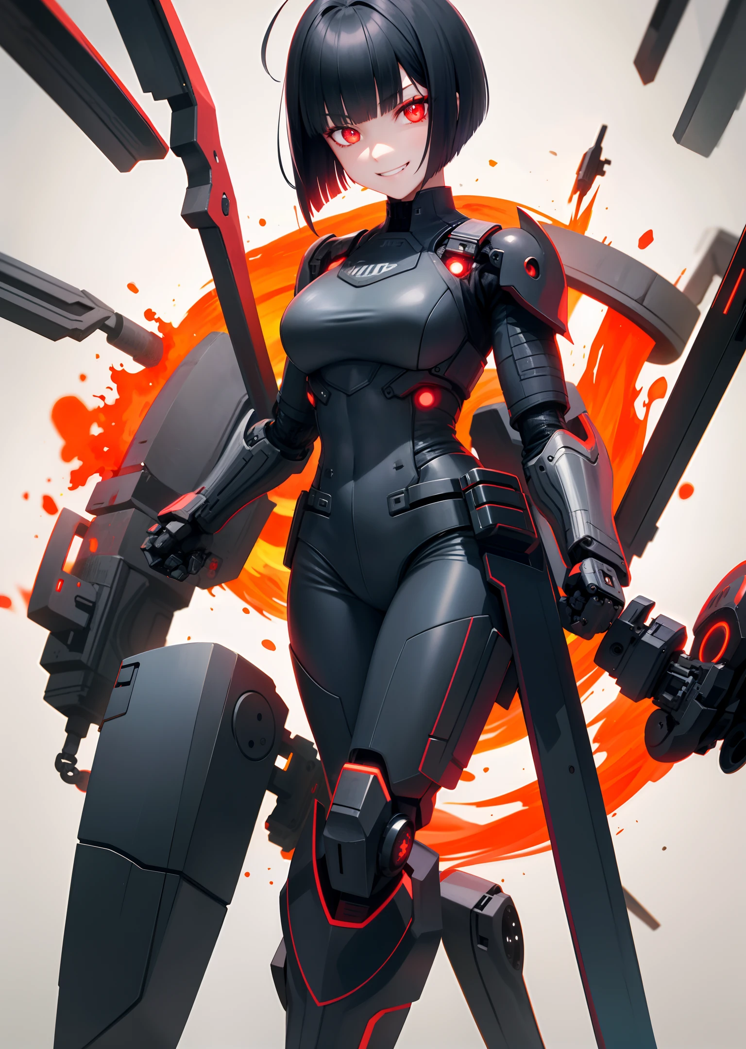 solo, 1girl, evil grin, short bob-cut hair with side bangs, black hair, glowing red eyes, bright pupils, full body, black armored cyborg, militaristic
