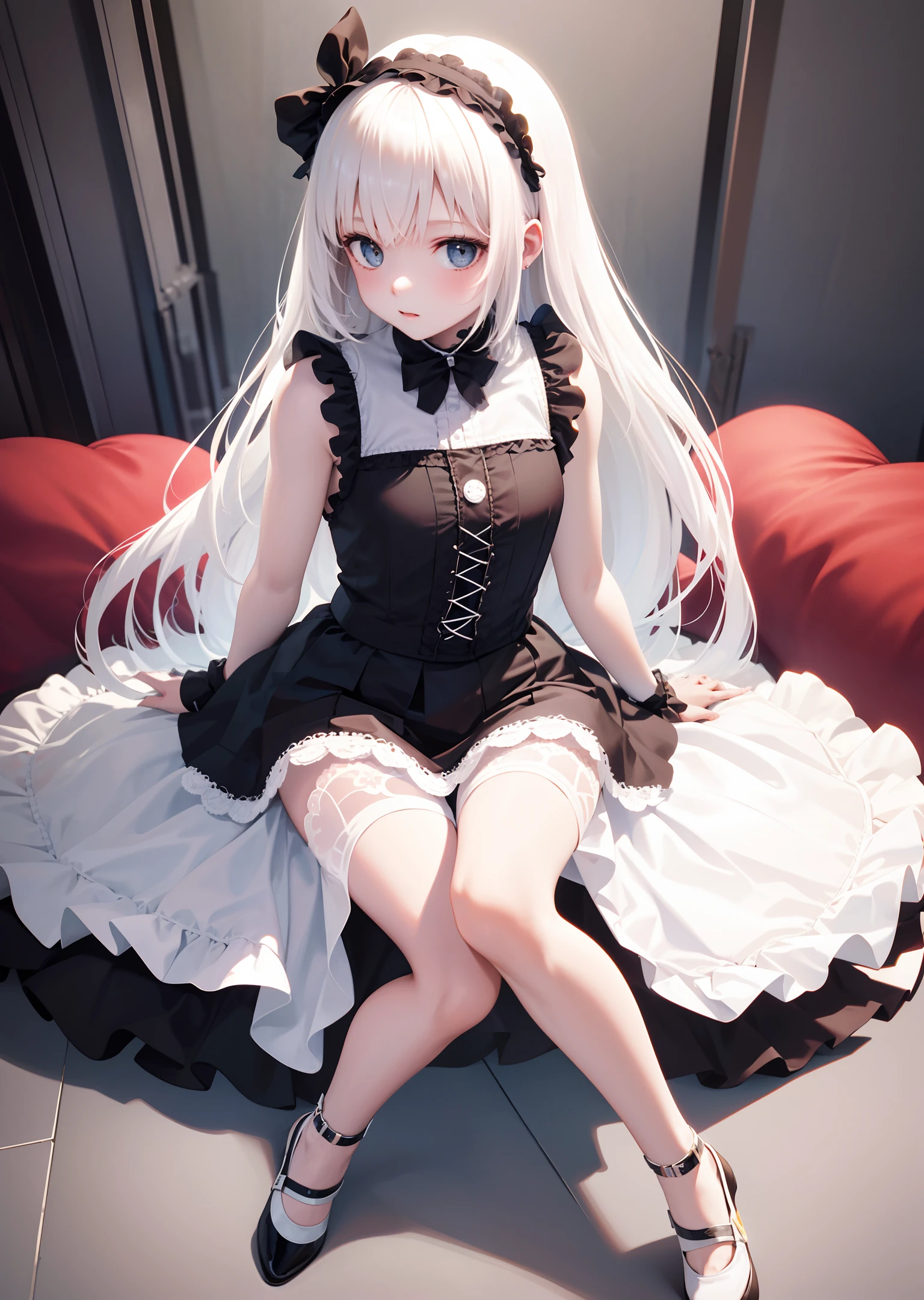 solo, 1girl, doll joints, full body portrait, white gothic outfit, sleeveless, sitting down, white skin