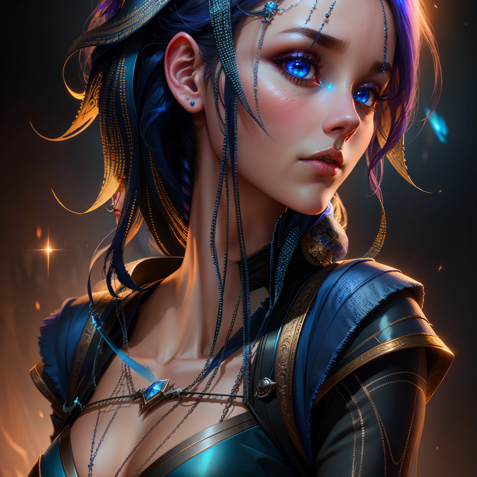 a woman with blue galaxy eyes in a dark room, a character portrait by WLOP, Artstation contest winner, fantasy art, fantasy concept art portrait, portrait of a female mage, portrait of a sorceress, portrait of a mage, ashe, glowing blue eyes, fantasy rpg symmetrical portrait, wojtek fus, sorceress, fantasy portrait, Artgerm, hyperdetailed intricately detailed gothic art trending on Artstation triadic colors Unreal Engine 5 detailed matte painting, deep color, fantastical, intricate detail, splash screen, complementary colors, fantasy concept art, 8k resolution, gothic deviantart masterpiece
