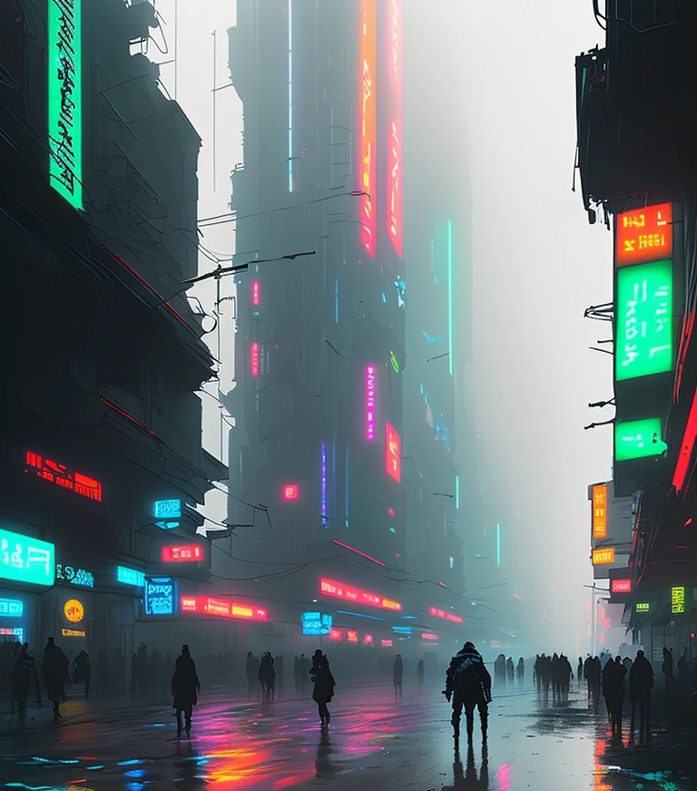 (masterpiece) high detailed RAW, a post apocalyptic man with a backpack is walking through a vivid rainbow themed cyberpunk city , hassanfantasy style , by Jeremy Mann and Donato Giancola, neon signage, symbolism,fog, rainy day, refection, scurry people, ultra realistic highly detailed intricate photorealistic 