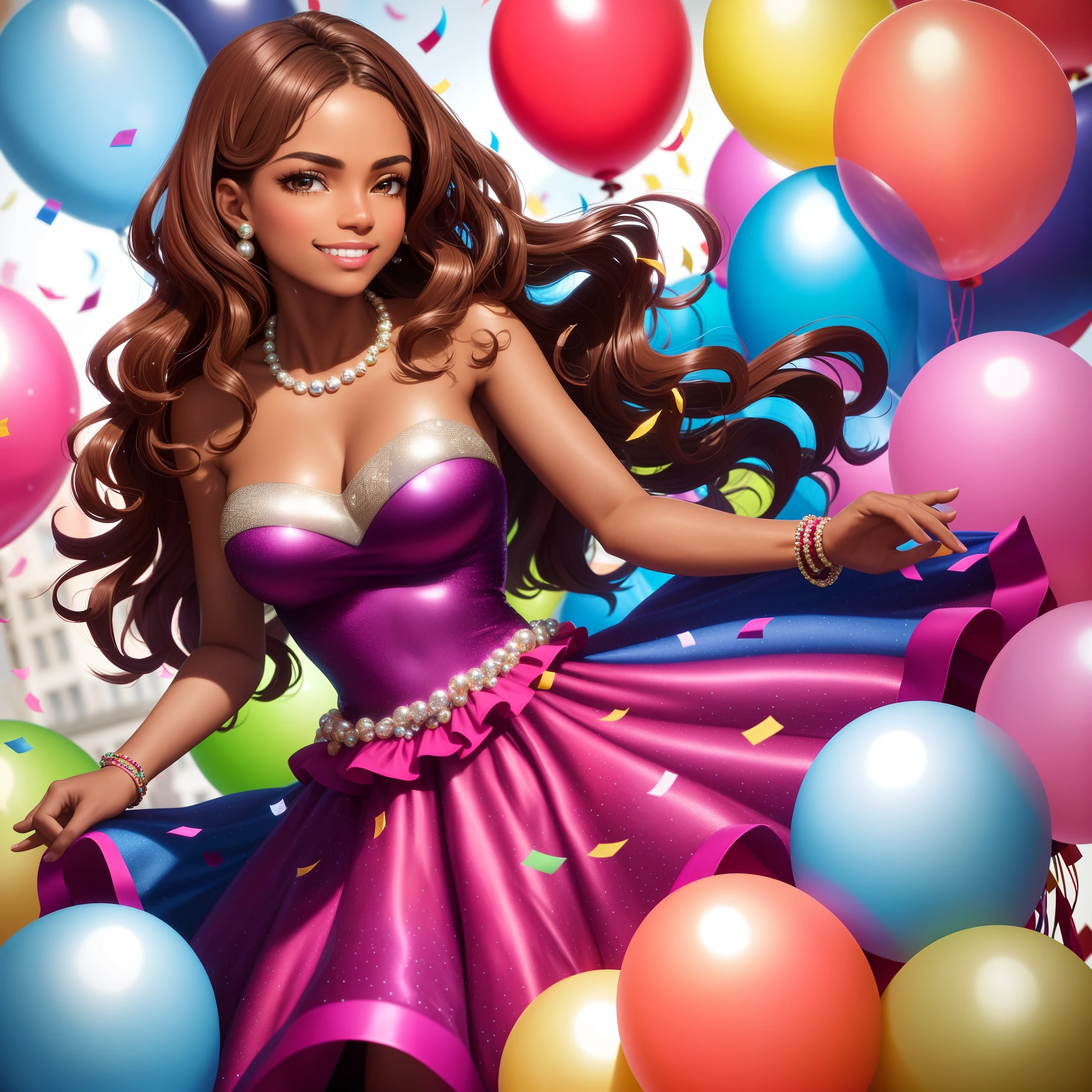 (dramatic illumination, dynamic angle, intense color contrast), [(a  with dark brown skin and brown wavy hair clipped back with pink clip and brown eyes: 1.2), (smiling: 1.2), (surrounded by baloons streamers and confetti: 1.2), (wearing a strapless blue dress with silver embroidery and pearl necklace: 1.1)]
