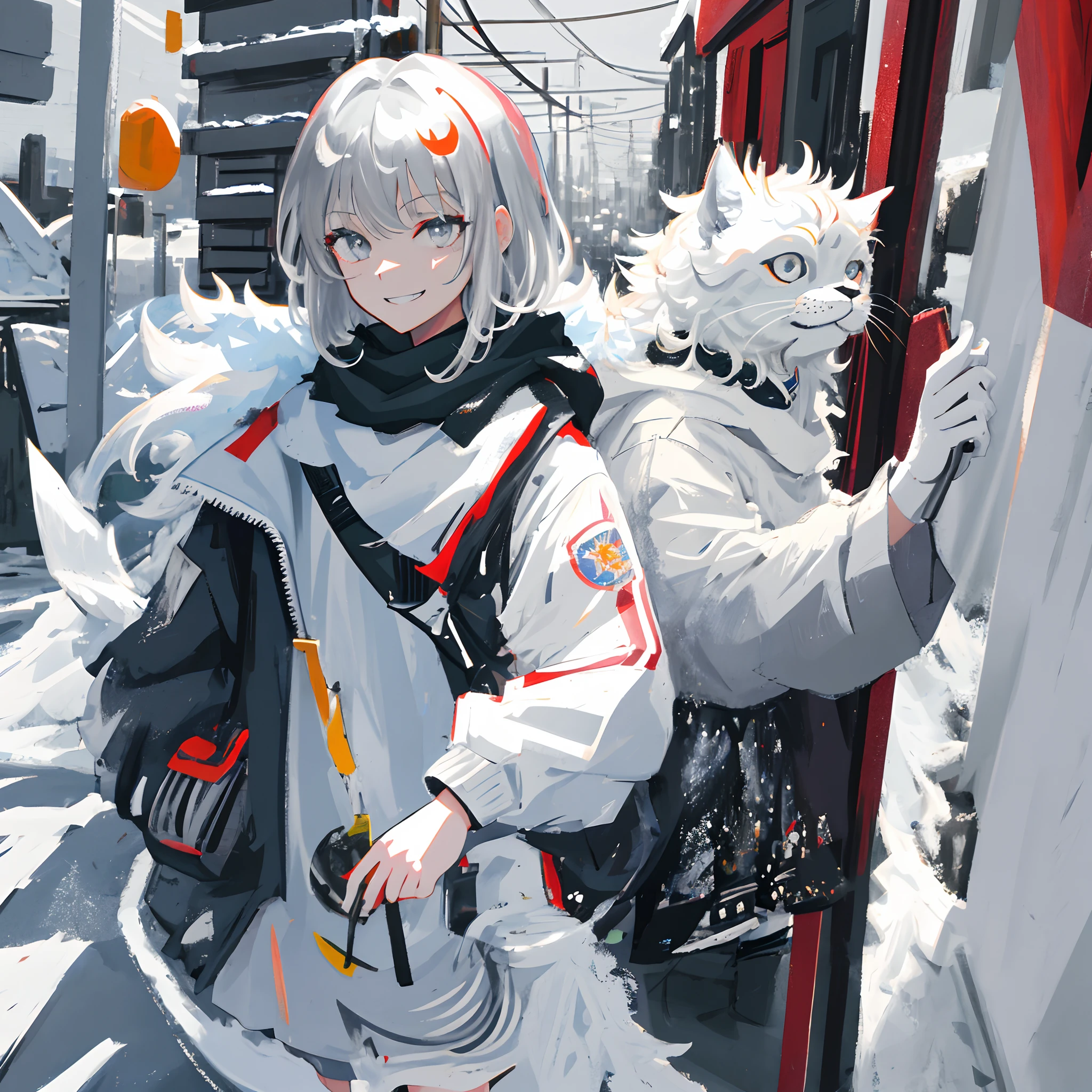 masterpiece, best quality, ultra-detailed, illustration, close-up, straight on, 1girl, evil grin, medium length grey hair, white eyes, snowstorm
