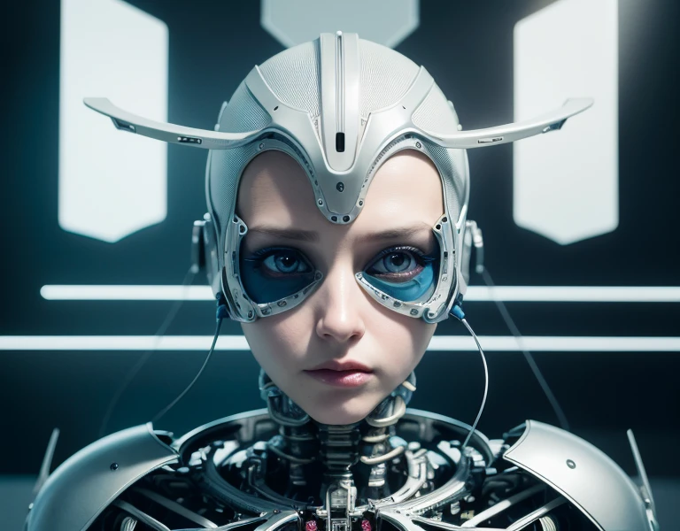 complex 3d render ultra detailed of a beautiful porcelain profile woman android face, cyborg, robotic parts, 150 mm, beautiful studio soft light, rim light, vibrant details, luxurious cyberpunk, lace, hyperrealistic, anatomical, facial muscles, cable electric wires, microchip, elegant, beautiful background, octane render, H. R. Giger style, 8k, best quality, masterpiece, illustration, an extremely delicate and beautiful, extremely detailed ,CG ,unity ,wallpaper, (realistic, photo-realistic:1.37),Amazing, finely detail, masterpiece,best quality,official art, extremely detailed CG unity 8k wallpaper, absurdres, incredibly absurdres,  robot, silver halmet, full body, sitting