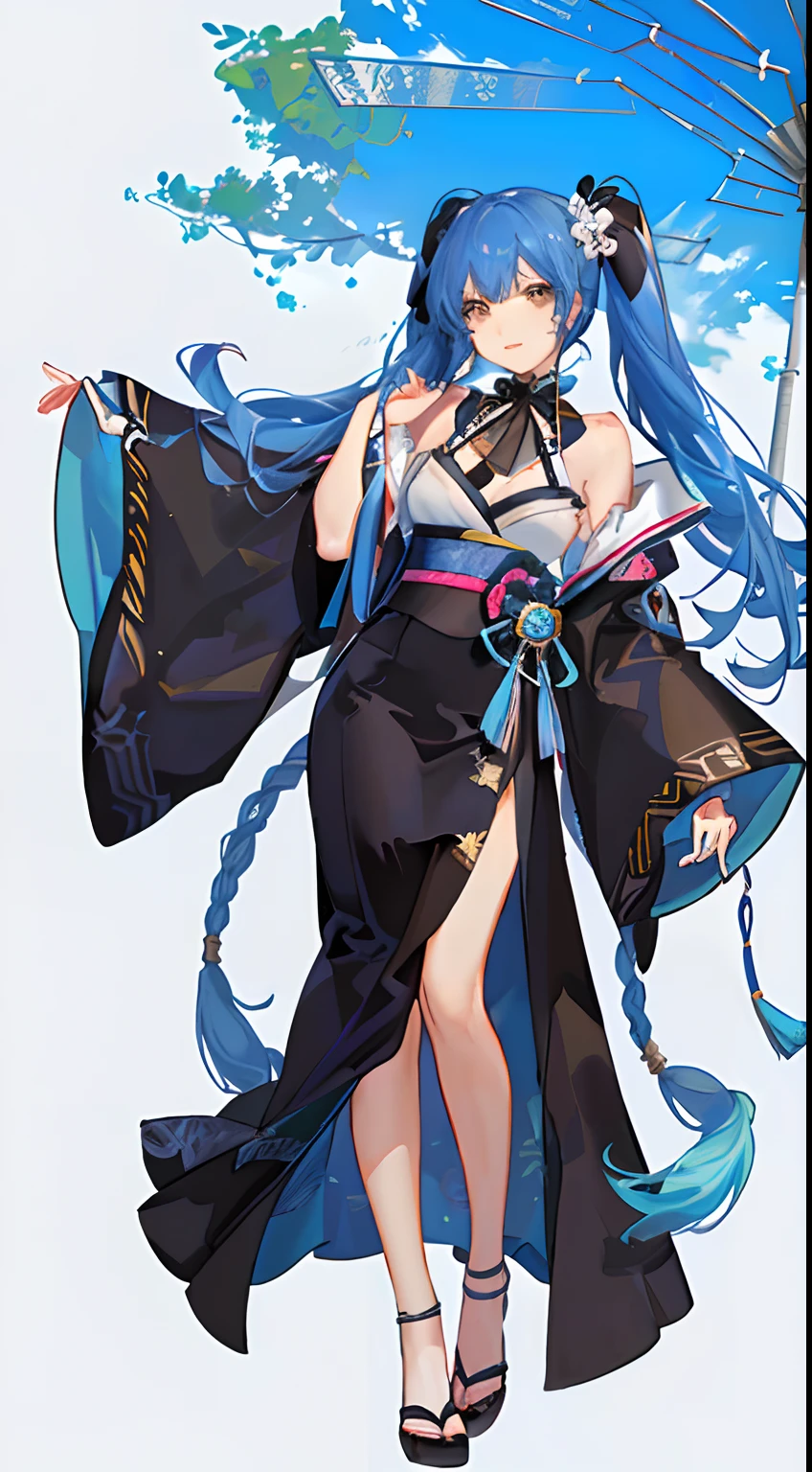 girl,full body,(detailed face:1.2), pure background,masterpiece, fashion,tokyo,harajuku,, medium hair, blue hair, twintails, blunt bangs, brown eyes,