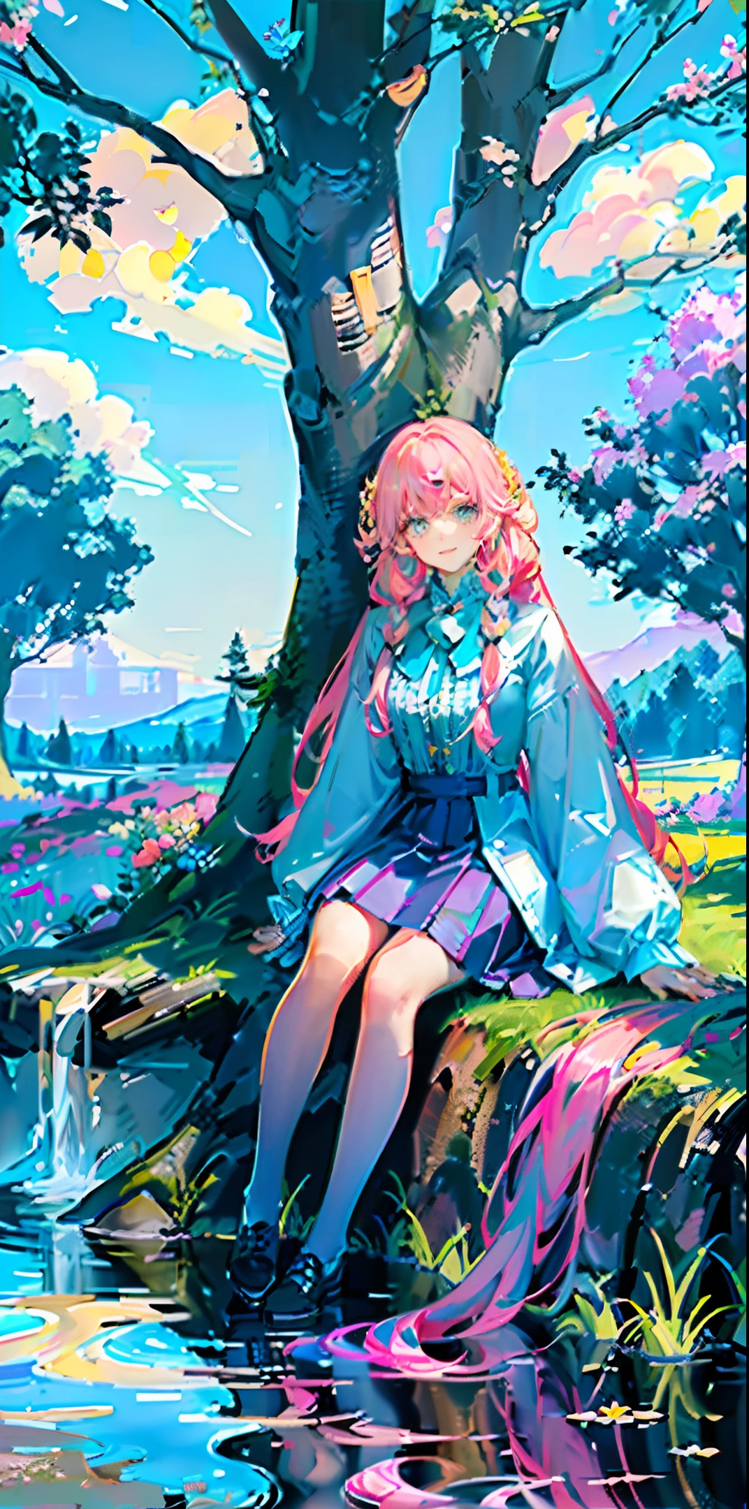 masterpiece, best quality, pink long curl hair with yellow highlight, gold-color eyes with skyblue highlight, wearing dress, sitting on the grass, in the daytime, sunlight, (tree shadow;1.2), dynamic pose, diverse color, cozy, water, crystal, shine, high image quality, detail, flowers