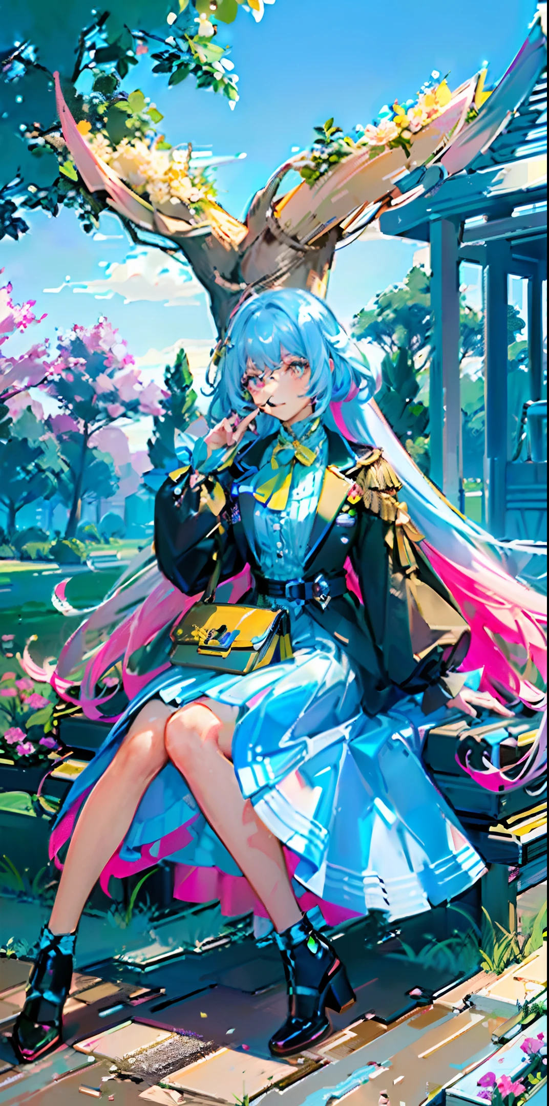 masterpiece, best quality, pink long curl hair with yellow highlight, gold-color eyes with skyblue highlight, wearing dress, sitting on the grass, in the daytime, sunlight, (tree shadow;1.2), dynamic pose, diverse color, cozy, water, crystal, shine, high image quality, detail, flowers