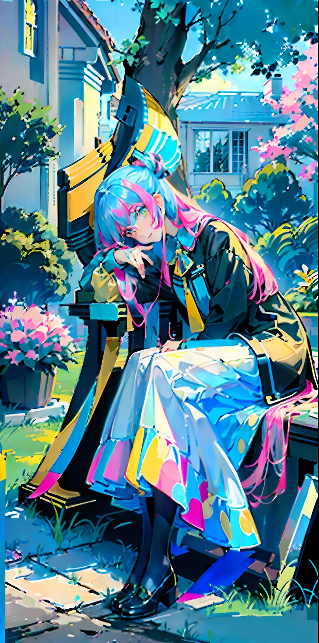 masterpiece, top quality, pink long curl hair with yellow highlights, gold colored eyes with sky blue highlights, sitting on the lawn in a dress, sunlight during the day, (tree shadow, 1.2), dynamic pose, various colors, cozy colors, water, crystal, shine, high definition, detail, flower