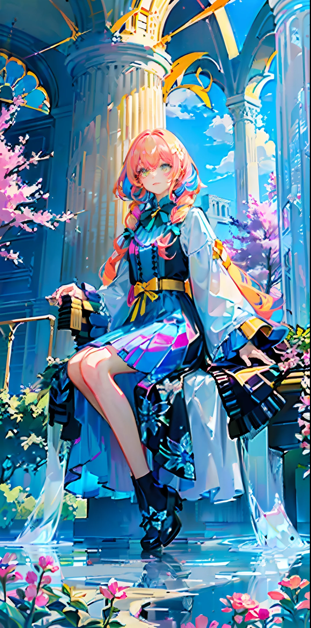 masterpiece, top quality, pink long curl hair with yellow highlights, gold colored eyes with sky blue highlights, sitting on the lawn in a dress, sunlight during the day, (tree shadow, 1.2), dynamic pose, various colors, cozy colors, water, crystal, shine, high definition, detail, flower