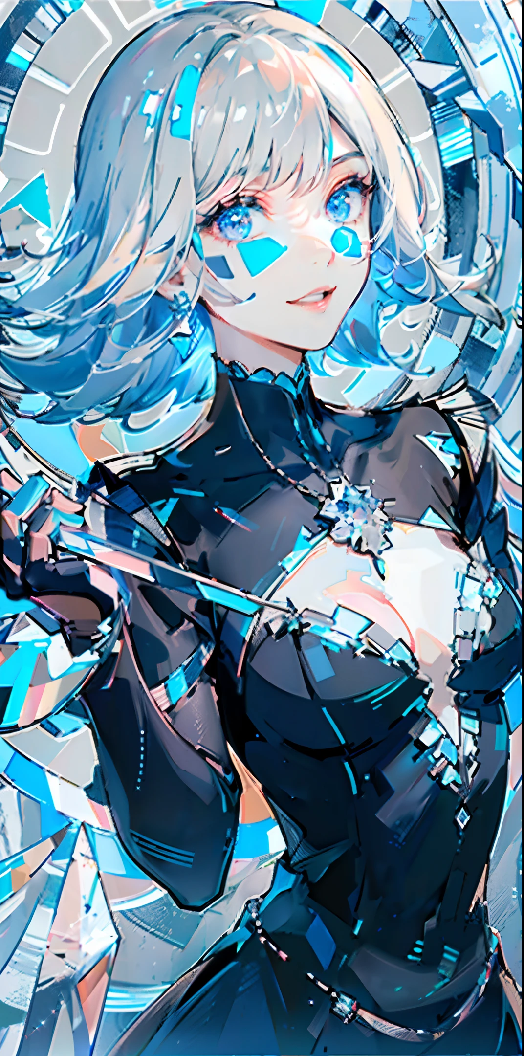 central figure, dynamic pose, rich background composition, water, crystal, gemstone, sparkle, girl, fantastic, ultra high definition, various colors, blue, space, sky, (black and white/gray hair), masterpiece, high quality