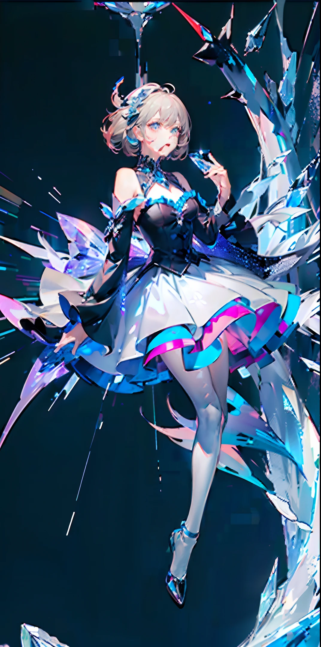 (central persona/full body), dynamic pose, rich background composition, water, crystal, gemstone, sparkle, girl, fantastic, ultra high definition, various colors, blue, space, sky, (black and white/gray hair), masterpiece, high quality, purple, (devil/person)