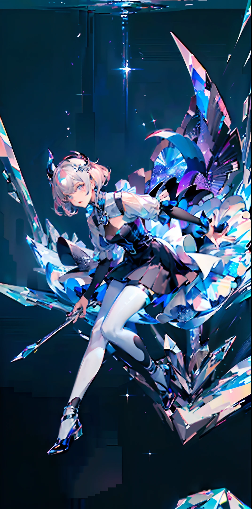 (central persona/full body), dynamic pose, rich background composition, water, crystal, gemstone, sparkle, girl, fantastic, ultra high definition, various colors, blue, space, sky, (black and white/gray hair), masterpiece, high quality, purple, (devil/person)