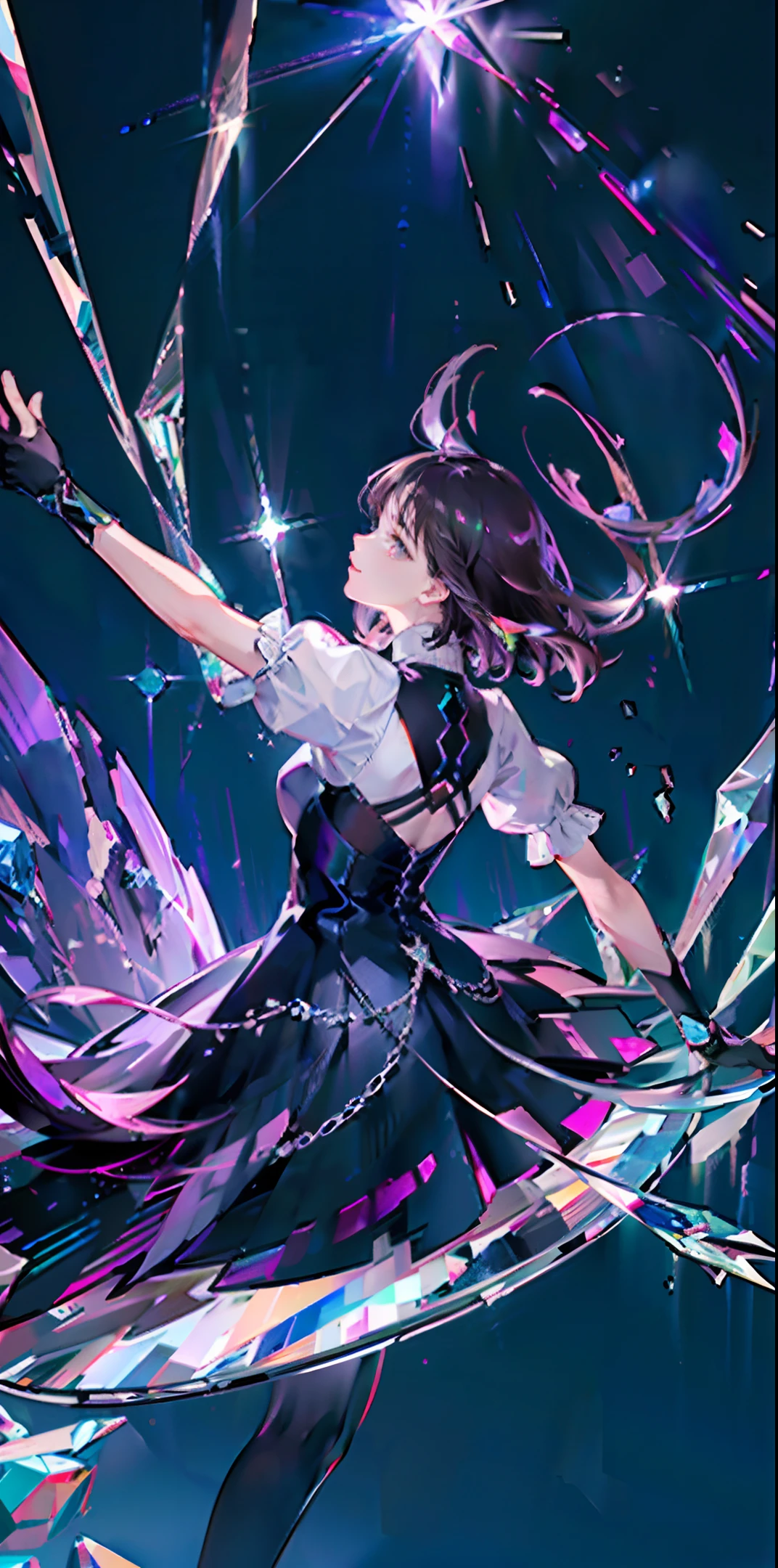 central figure, dynamic pose, rich background composition, water, crystal, gemstone, sparkle, girl, fantastic, ultra high definition, various colors, light purple, space, sky, (dark hair), masterpiece, high quality