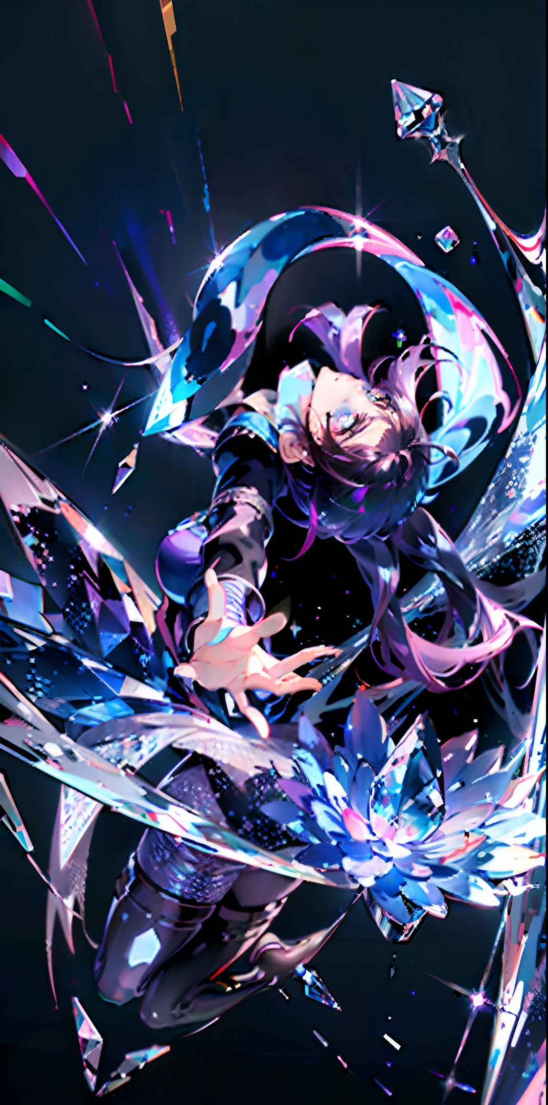 central figure, dynamic pose, rich background composition, water, crystal, gemstone, sparkle, girl, fantastic, ultra high definition, various colors, light purple, space, sky, (dark hair), masterpiece, high quality