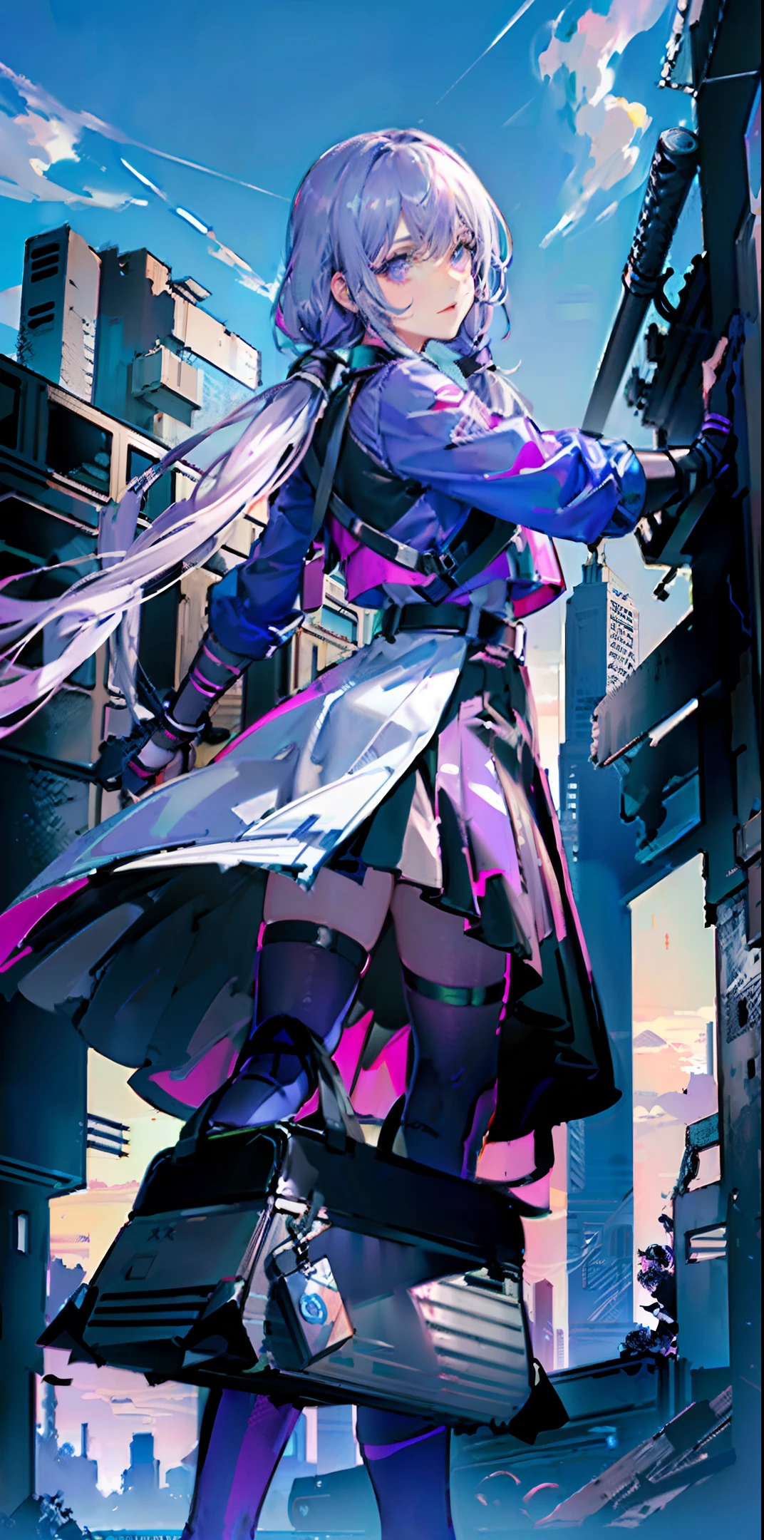 Apocalypse Survivors, Dark Pigtails, Light Purple Eyes, Dynamic Poses, Leather Jumpers, Baseball Bats, Ruined Cities, Ghost Cities, Various Colors, High Definition, Masterpieces, Best Works