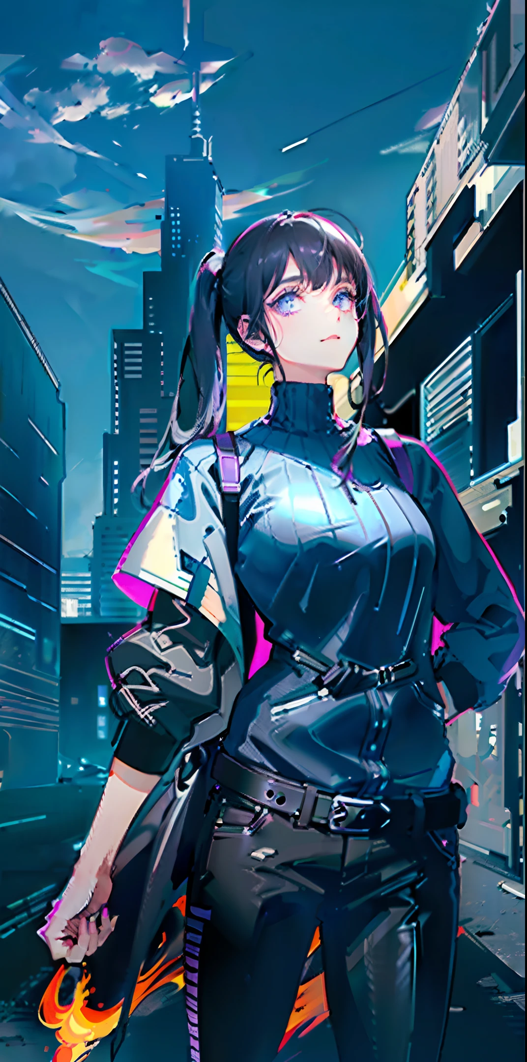 Apocalypse Survivors, Black Hair, Pigtails, Purple Eyes, Dynamic Poses, Black Leather Jumper, Baseball Bat, Ruined City, Ghost Town, (Dark:1.2) High Definition, Masterpiece, Best Work