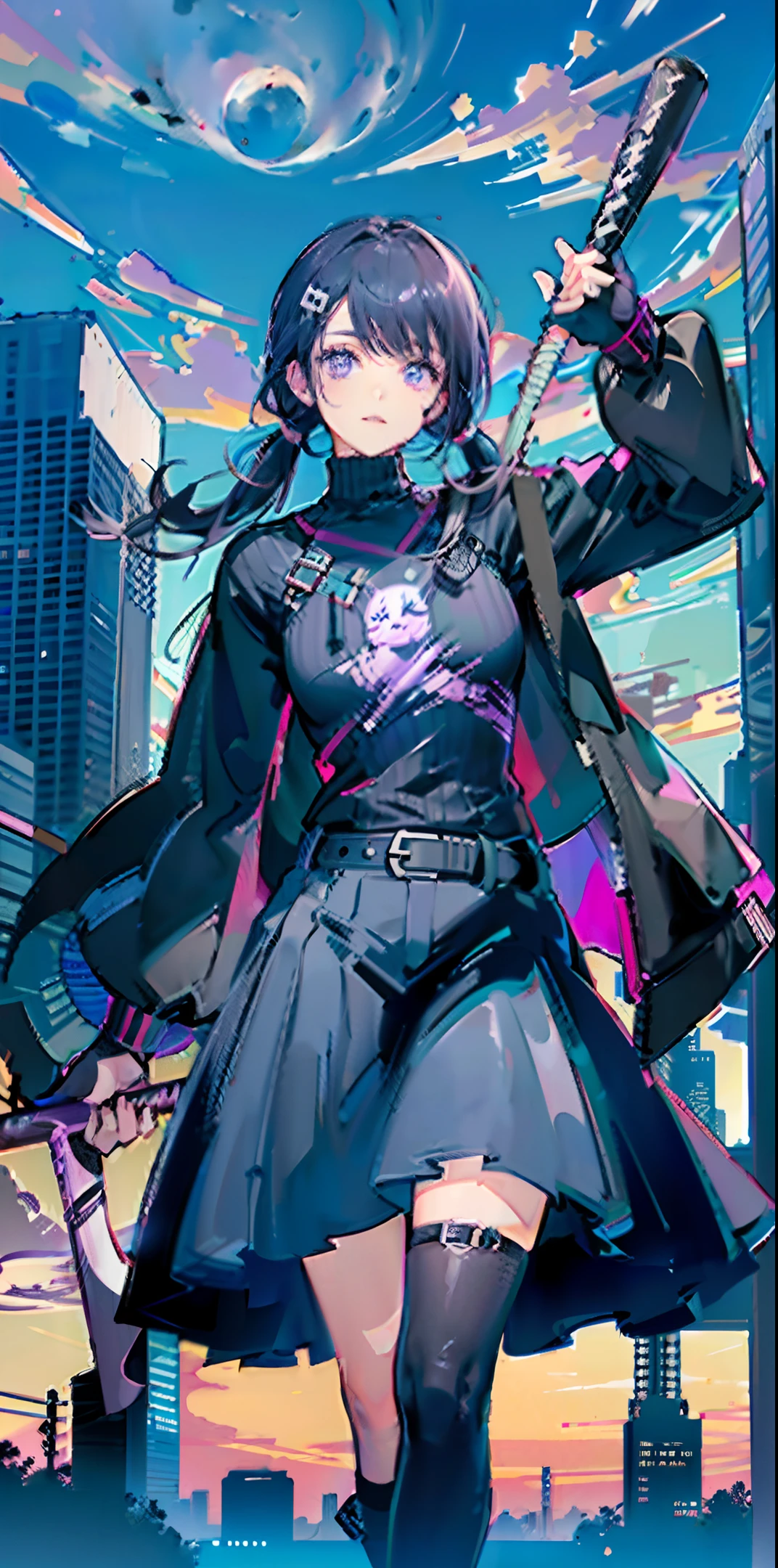Apocalypse Survivors, Black Hair, Pigtails, Purple Eyes, Dynamic Poses, Black Leather Jumper, Baseball Bat, Ruined City, Ghost Town, (Dark:1.2) High Definition, Masterpiece, Best Work
