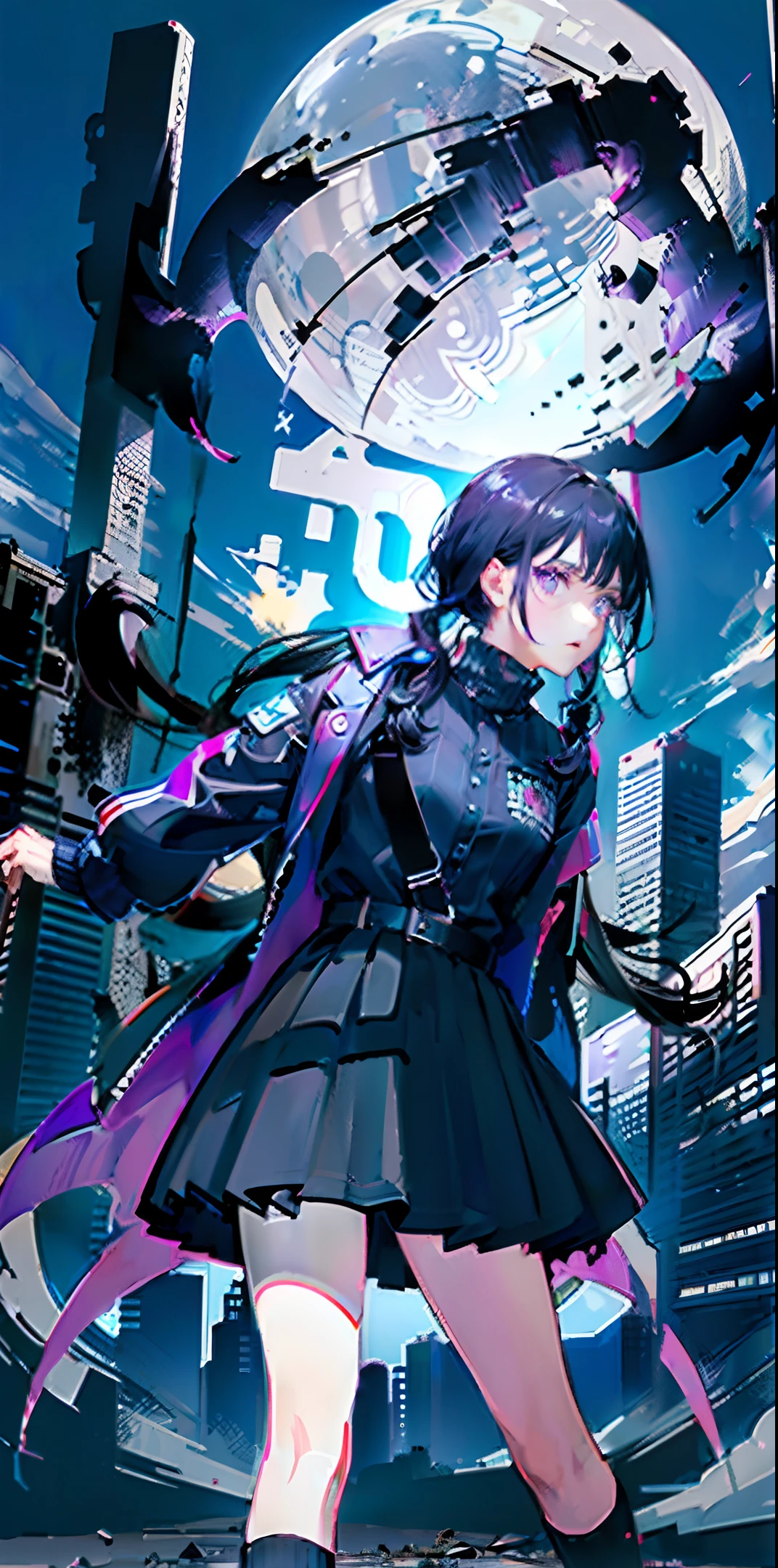 Apocalypse Survivors, Black Hair, Pigtails, Purple Eyes, Dynamic Poses, Black Leather Jumper, Baseball Bat, Ruined City, Ghost Town, (Dark:1.2) High Definition, Masterpiece, Best Work