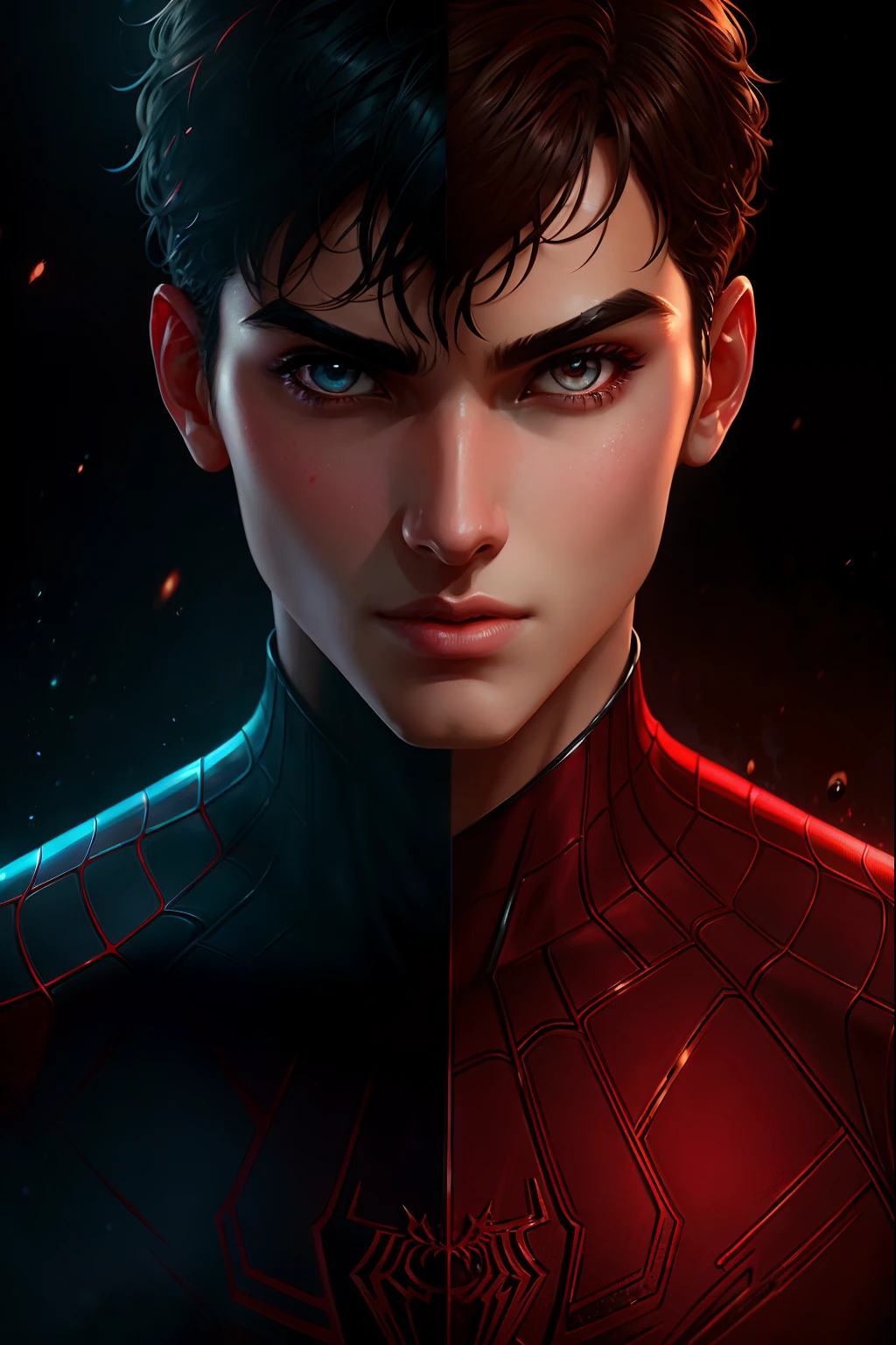 (Award Winning Digital Artwork:1.3) of (Sketch:1.3),(Energetic:1.3) Spidey, EmmaRob,CGSociety,ArtStation,(Saturated:1.3),(close portrait:1.3),(Feminine:1.4),(beautiful:1.4),(attractive:1.3),handsome,calendar pose,perfectly detailed eyes,studio lighting,thematic background