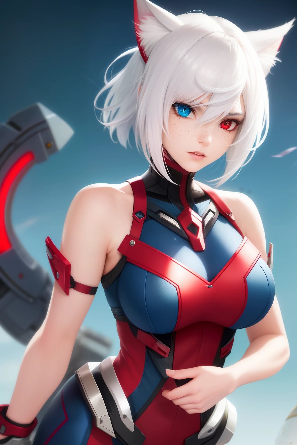 (1 girl, solo,white hair, sharp face, (blue and red eyes), hair between eyes, dynamic angle), cat girl,short hair, xenoblade, (((heterochromia))),cat ears, freckles,