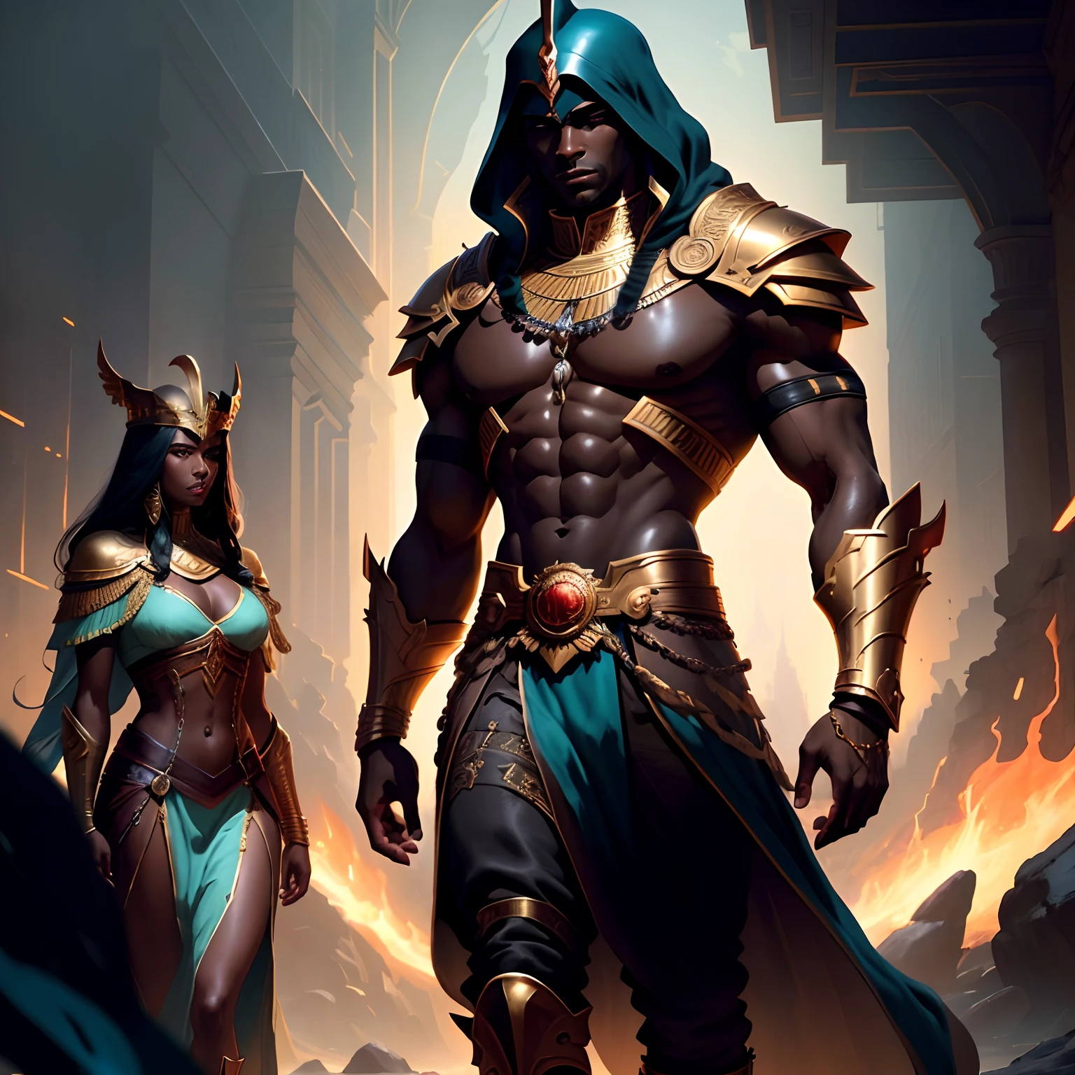 Highly (dynamic:1.2) scene art detailed, (The PHARAOH walks around the General, who stands at attention with blood on his hands) (dark skin:1.5), ((muscular)), (fantastic amazing decoration:1.2), explosive volumetric, Delightful ???????, (fantastic perfect art, 64k ultra hd:1.1), (art by apterus, art by dan mumford:1.2), stylish pose, dynamic pose, (dramapaint), (opt-6000:0.9) masterpiece, best quality, (extremely detailed CG unity 8k wallpaper), (best quality), (best illustration), (best shadow), realistic lighting, (Abyss), beautiful detailed glow, art by Peter Mohrbacher,