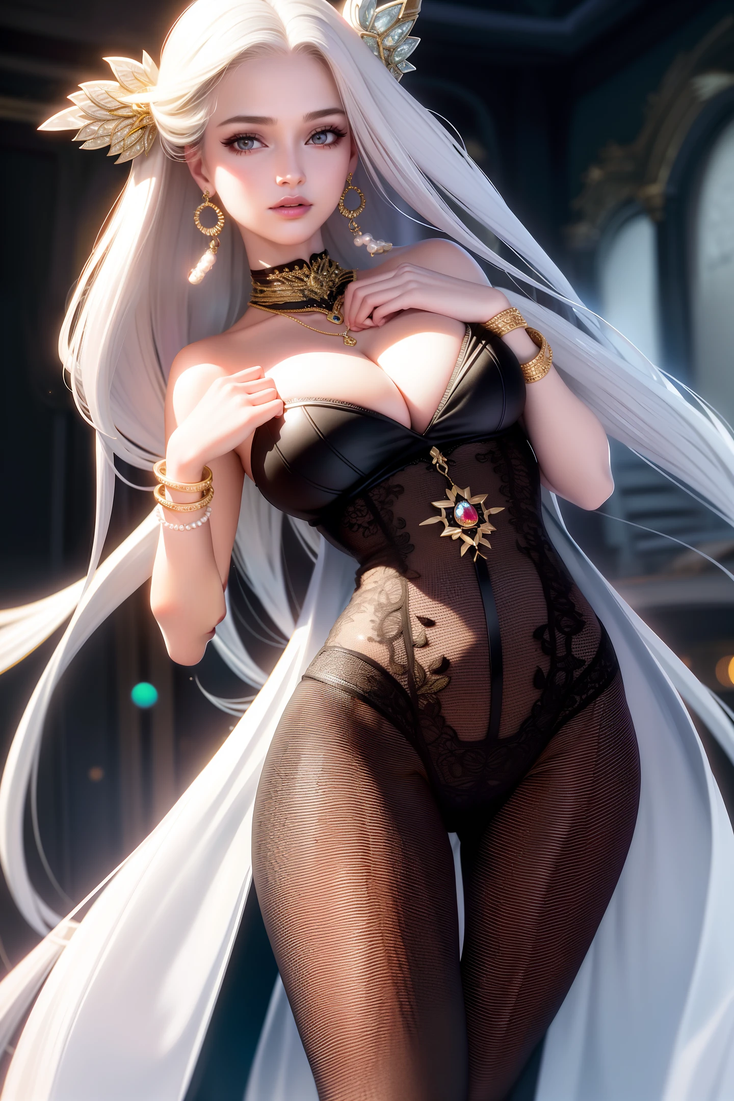 Ultra-realistic 8k CG, perfect face, flawless, clean, professional artwork, famous artwork, cinematic lighting, cinematic bloom, perfect face, beautiful face, beautiful face, beautiful eyes, ((perfect female body, narrow waist)), white hair, red eyes, beautiful queen, royal, divine, divine, goddess, divine, (royal palace), fantasy, dreamlike, unreal, science fiction, huge breasts, beautiful clothing, lace trim, leggings with lace trims, nsfw, breasts out, absurdly long hair, (rich: 1.4), prestige, luxury, jewelry, diamond, gold, pearl, gem, sapphire, ruby, emerald, intricate details, delicate print, sexy, charming, seductive, erotic, charming, charming, hair ornament, necklace, earrings, bracelet, bracelet, bracelet, bracelet,