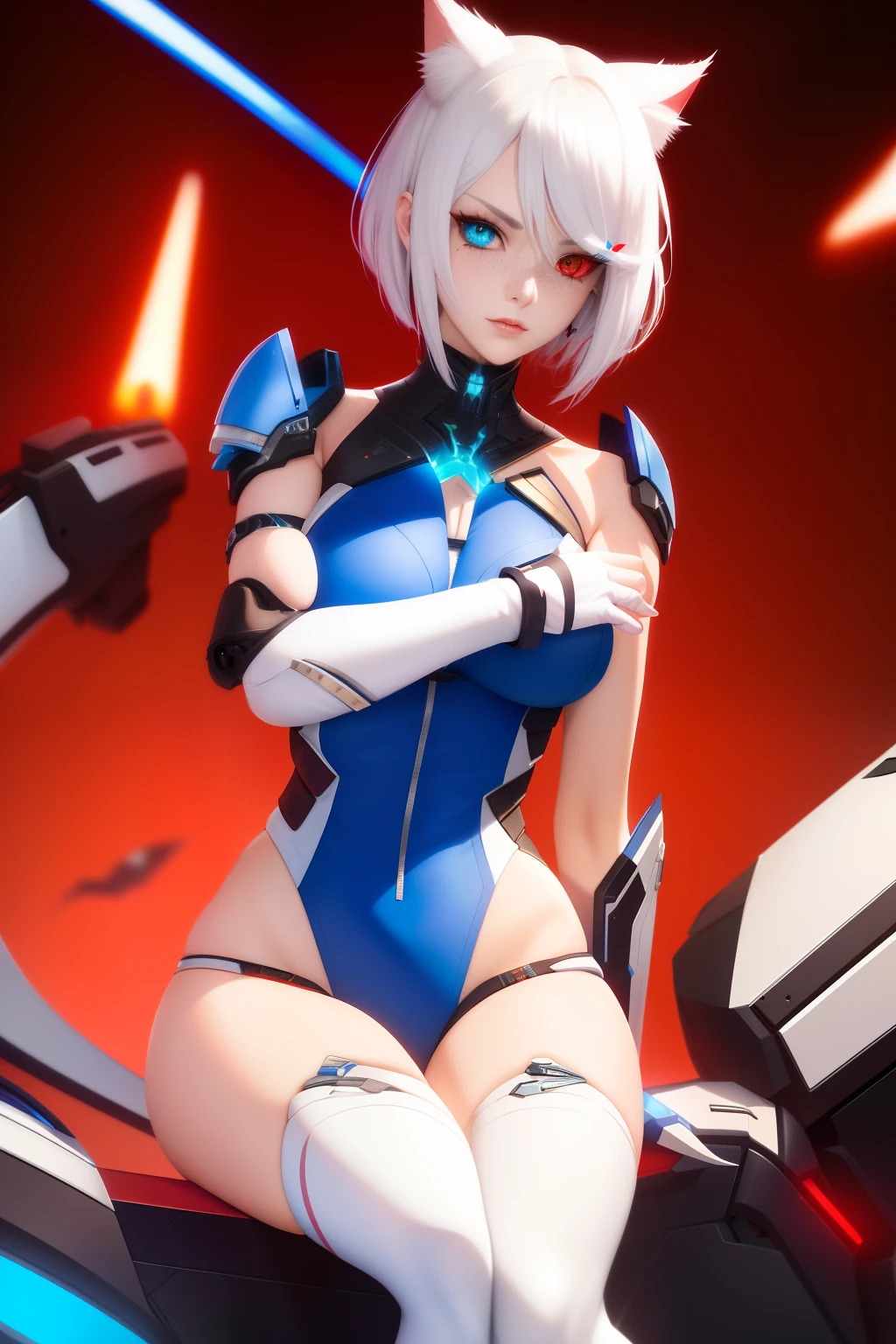 (1 girl, solo,white hair, sharp face, (blue and red eyes), hair between eyes, dynamic angle), cat girl,short hair, xenoblade, (((heterochromia))),cat ears, freckles,