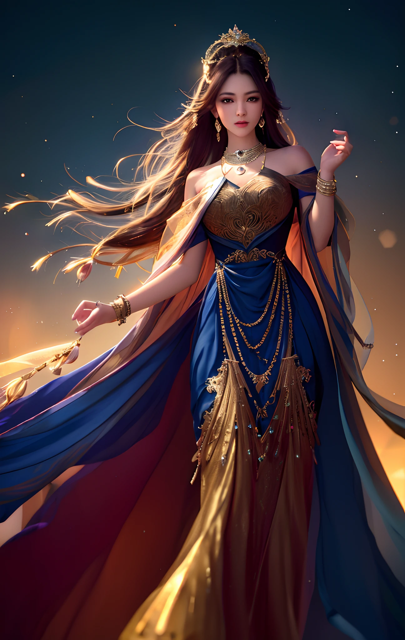 best quality, masterpiece, high definition, 1 girl, long dress, hair ornament, necklace, jewelry, beautiful face, on body, Tyndall effect, photorealistic, dark studio, rim lighting, two-tone lighting (high skin detail: 1.2), 8k uhd, DSLR camera, soft lighting, high quality, surround lighting, candid, photography, high definition, 4k, 8k, bokeh