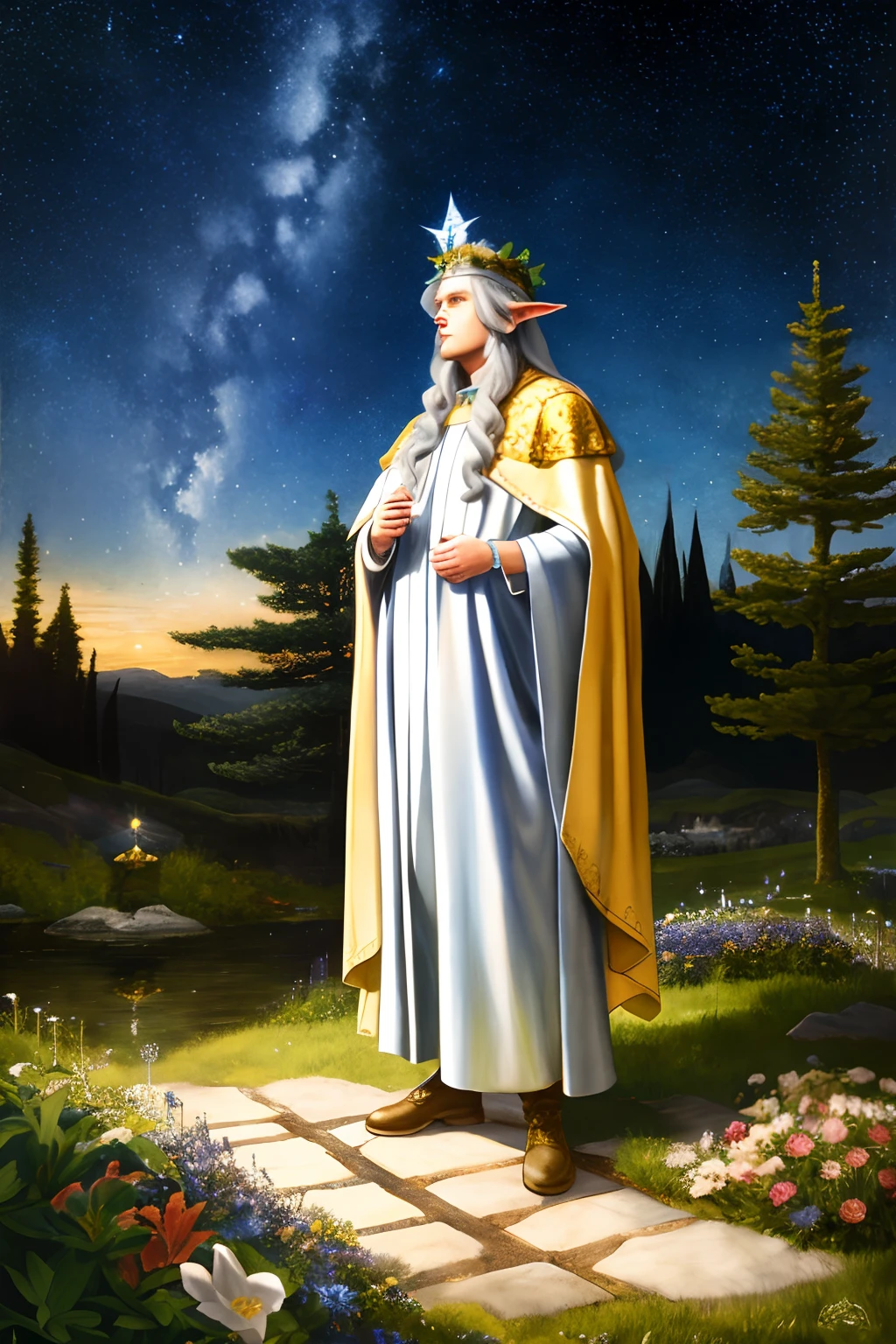 The great king of the elves, photorealism, wearing a bright silver crown, the king stands on the ground, starry, night, beautiful sky, herbs, flowers, fairy tale, trees, elegance, harmony, beauty