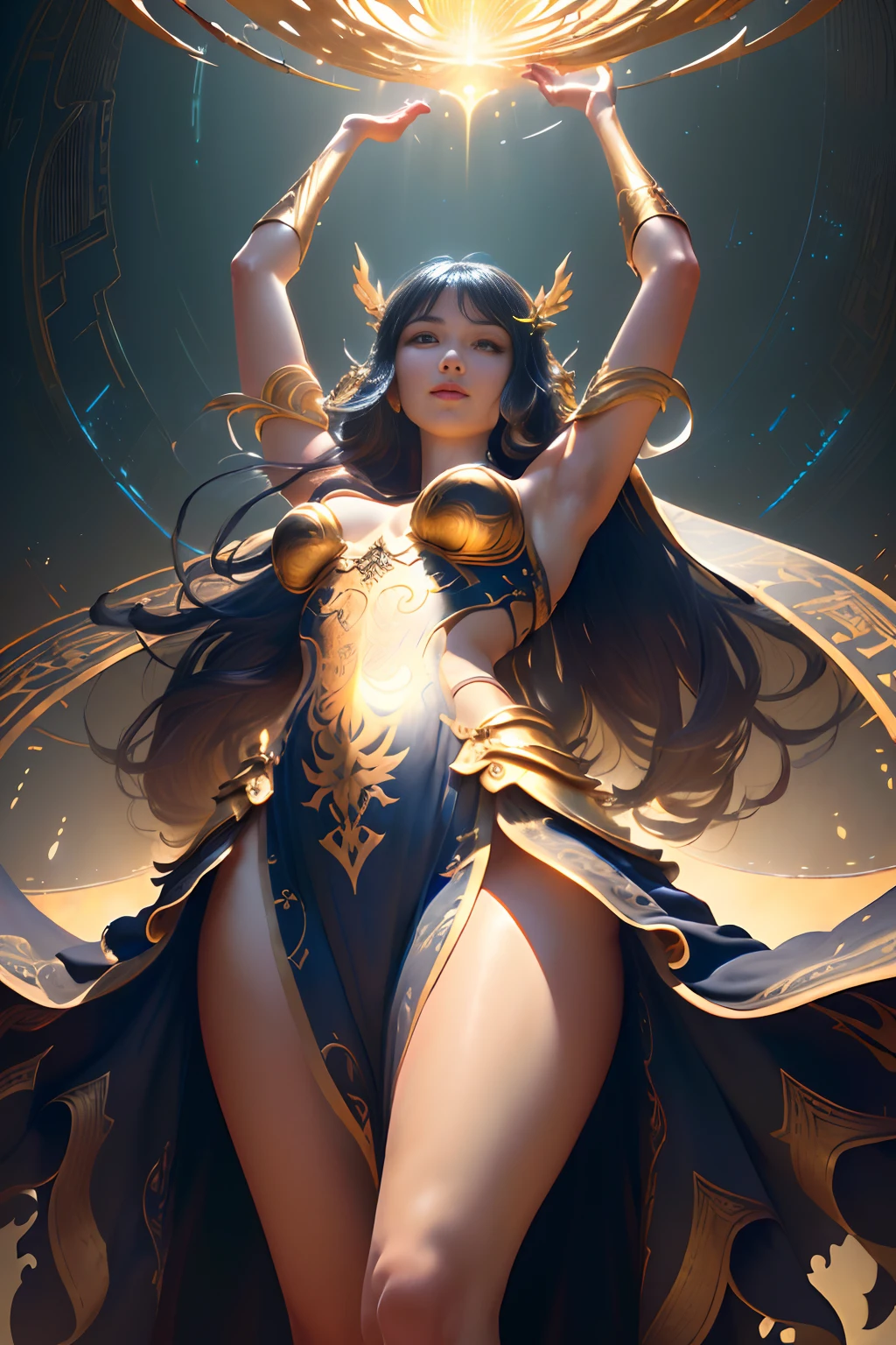 masterpiece, best quality, (extremely detailed CG unity 8k wallpaper), (best quality), (best illustration), (best shadow), absurdres, realistic lighting, (Abyss), beautiful detailed glow, art by PeterMohrBacher, 1girl, mature woman, goddess, bare shoulders, golden [dress:hanfu:0.5], (from below, angle views:1.3), thighs, arms up, light smile, gold effect, sky,