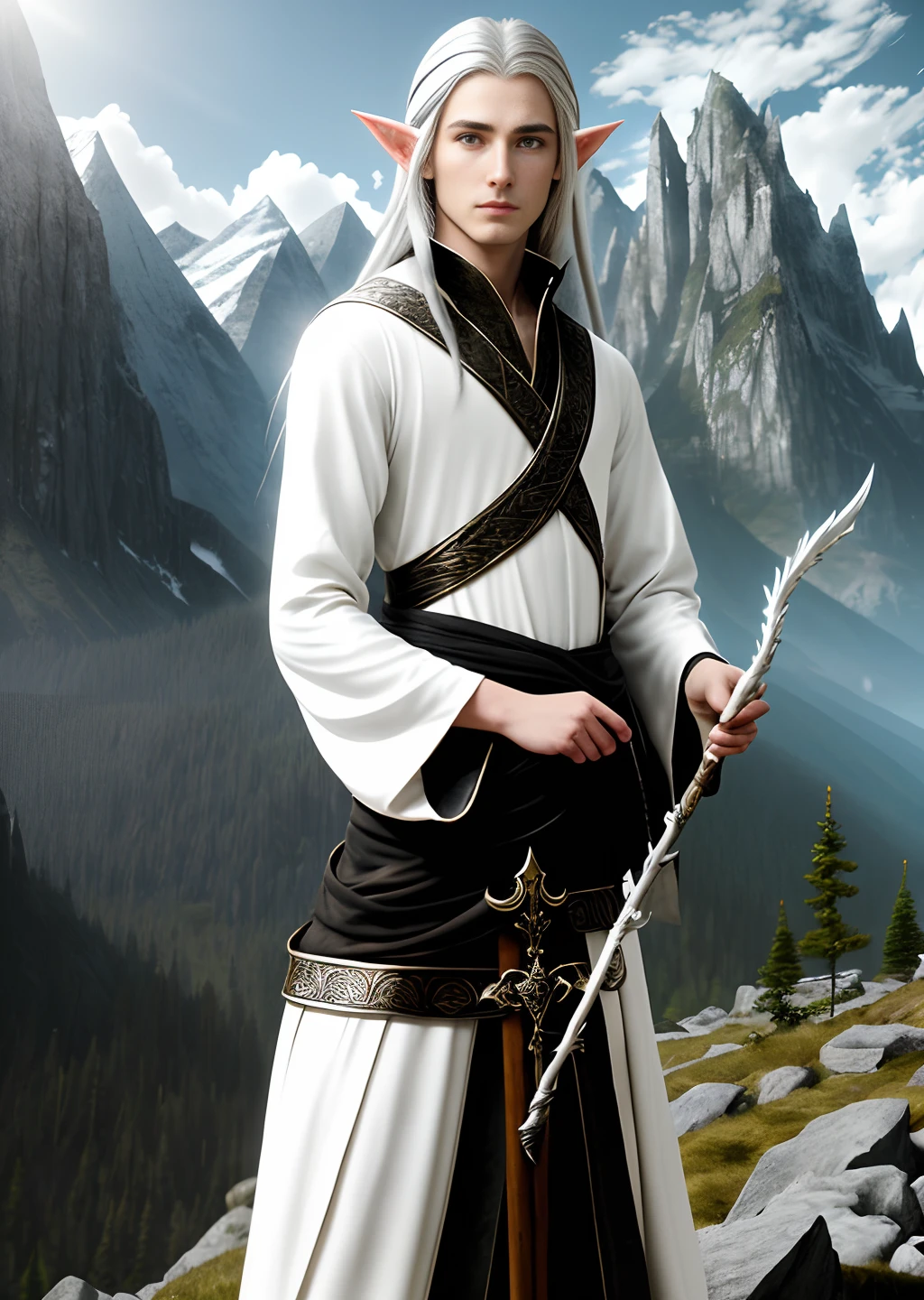 A young high-resolution elven male with sharp silvery long hair, black pupils, dressed in pure white elven clothing, holding a long wooden staff in one hand to cast spells. His face was dark and elegant, and his back to the deep mountain was the pretty face of a thin woman.