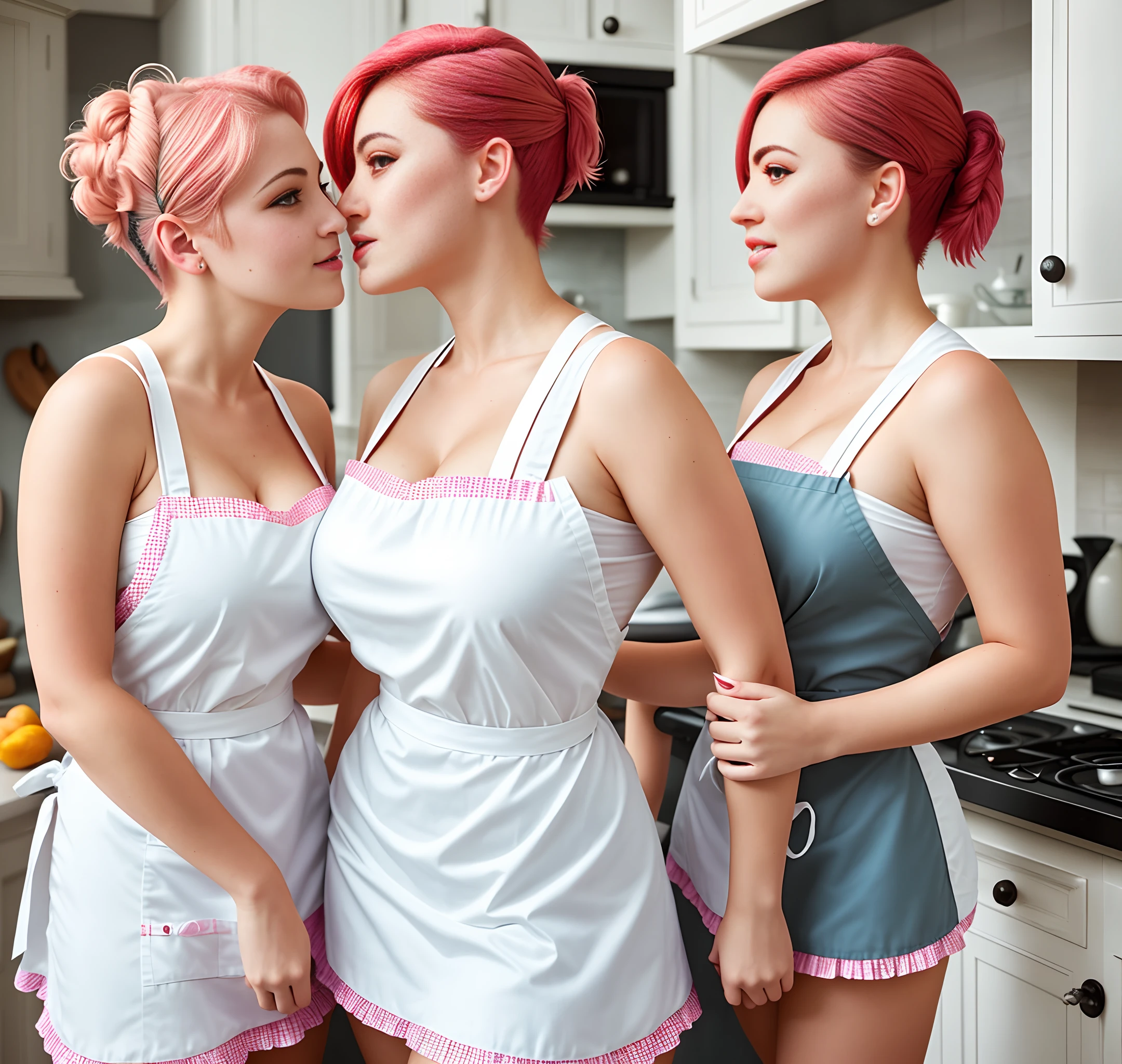 a closeup portrait of two playful maids kissing, undercut hair, apron, amazing body, pronounced feminine feature, busty, kitchen, [ash blonde | ginger | pink hair], freckles, flirting with camera