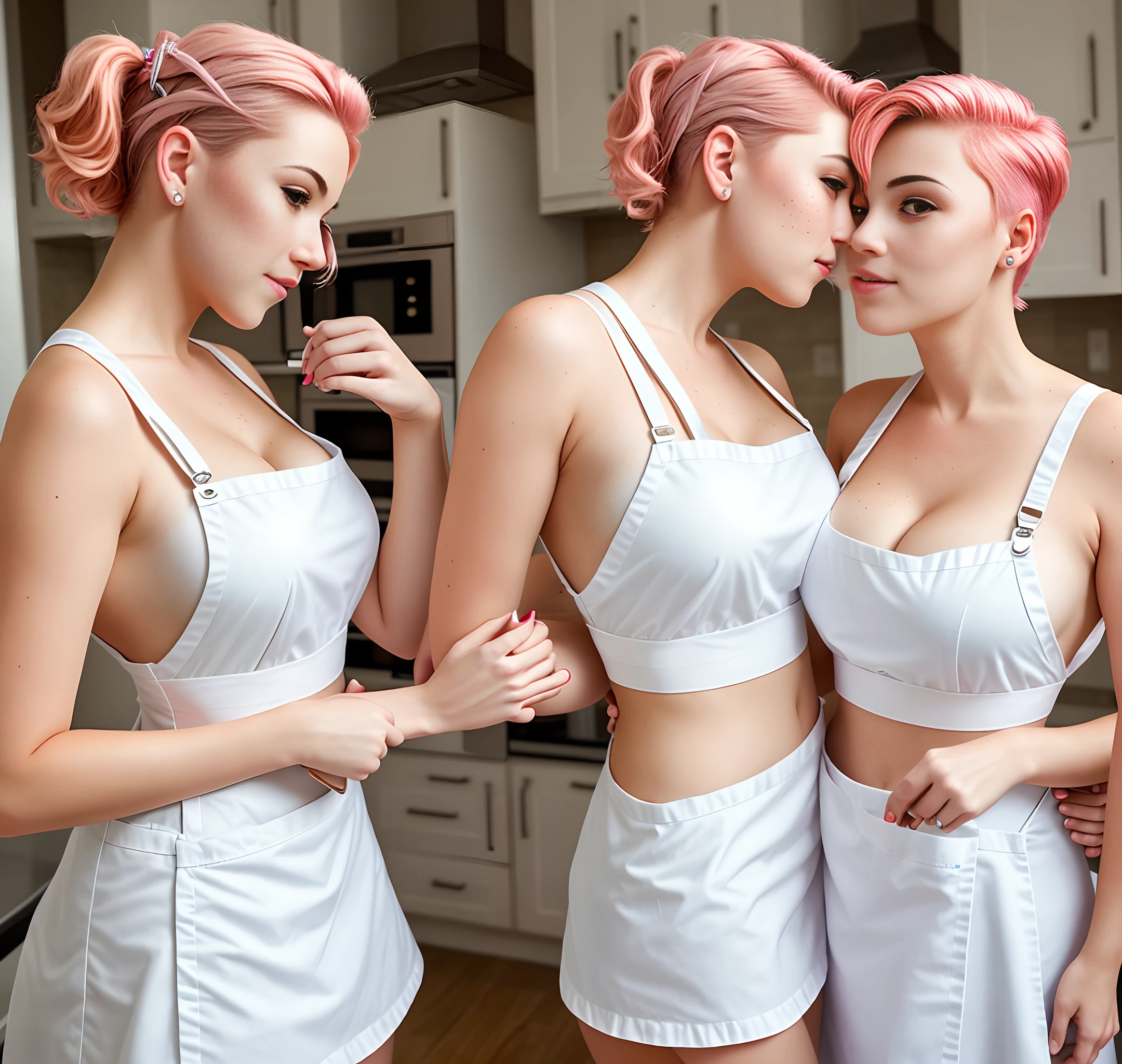 a closeup portrait of two playful maids kissing, undercut hair, apron, amazing body, pronounced feminine feature, busty, kitchen, [ash blonde | ginger | pink hair], freckles, flirting with camera