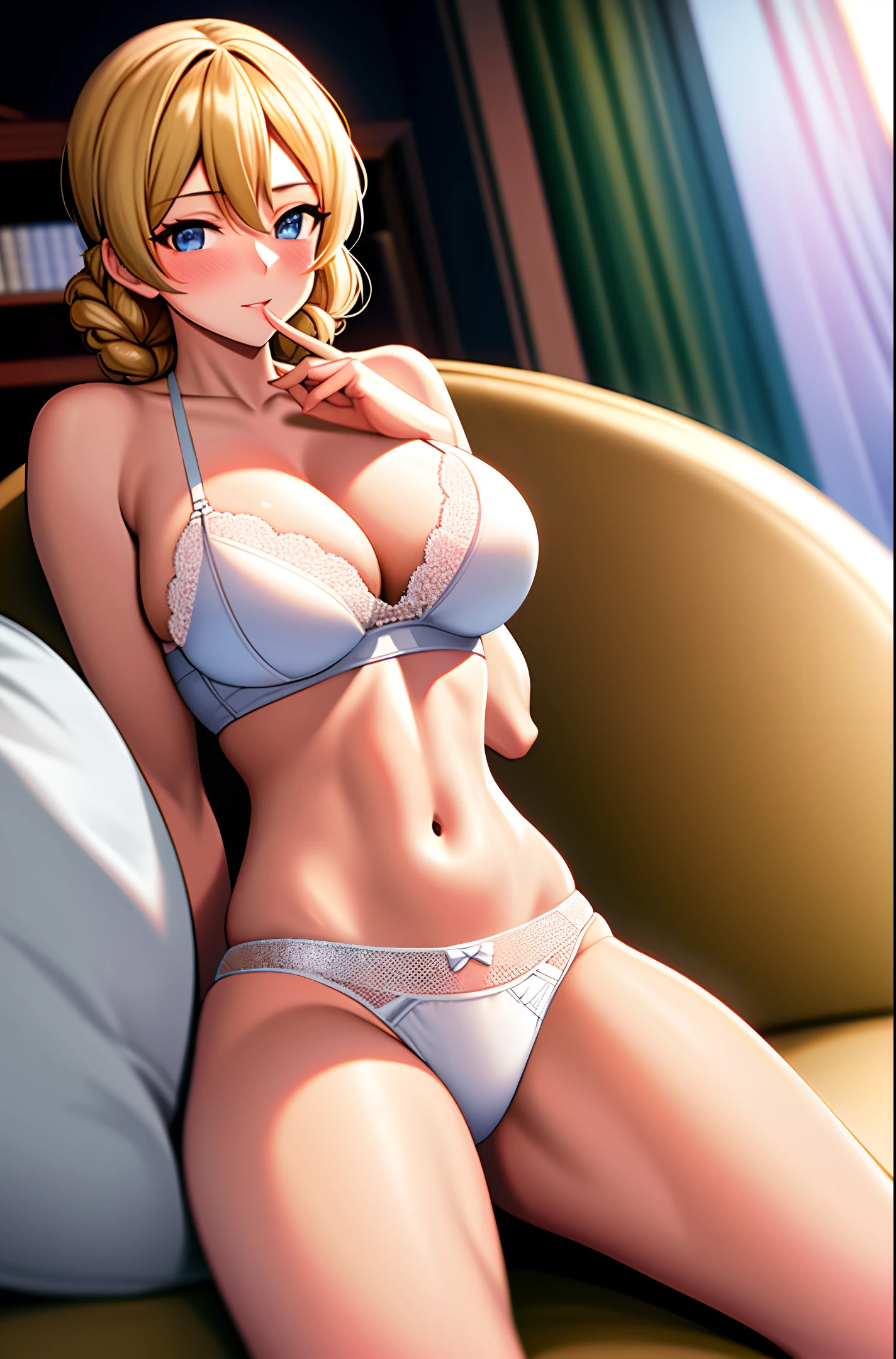 masterpiece, best quality, ultra high res, 1 girl, looking at viewer, living room , girls und panzer, darjeeling, white bra, white underwear, stomach revealed, white lingerie, bra, underwear, muscular female, large breasts,