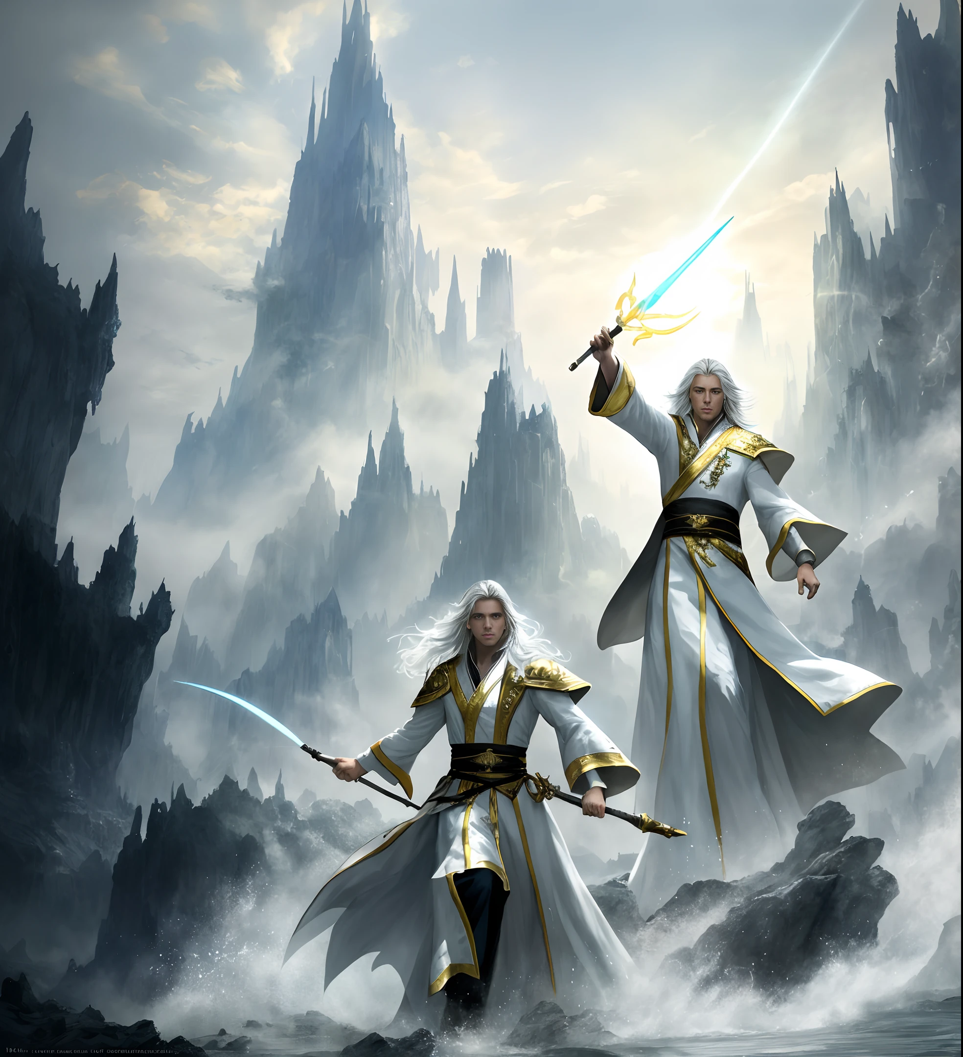 photorealistic photo of a handsome young wizard, white wizard shirt with gold trim, white robe waving in the wind, long white hair, fully clothed, perfect face, beautiful (perfect composition: 1.4), deviantart hd, artstation hd, concept art, detailed face and body, award-winning photography, margins, detailed face, detailed hands, highlighting, ultra-realistic tracking rays, viewer viewing, cinematic lighting, the art of Gra Jeas Gorz Rutkowski, coals, fantasies on a high background, action pose, hands up to 90 degrees, a small magic wand in hand, splashes of water, fog