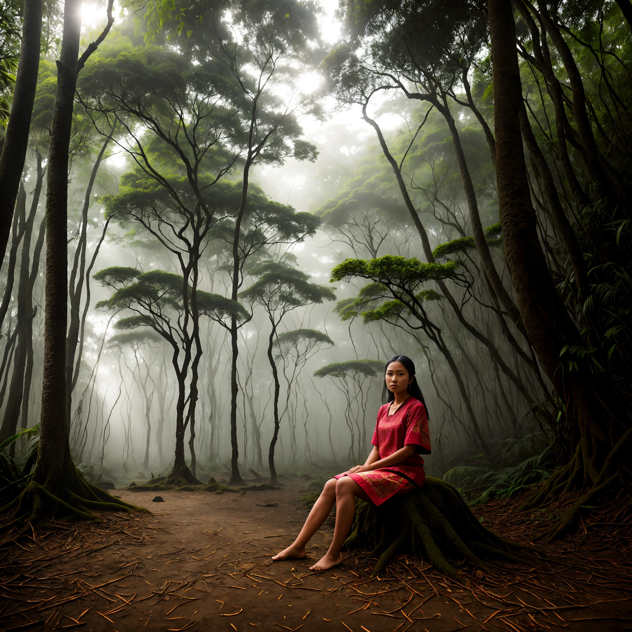 ultra detailed professional photo of a sumbawa woman, sit on ground, ancient grove, tropical forest, ethnic fabric, 180mm, deers, volumetric fog, volumetric lighting, professionally color graded, 64K, by olga gurton, vogue style