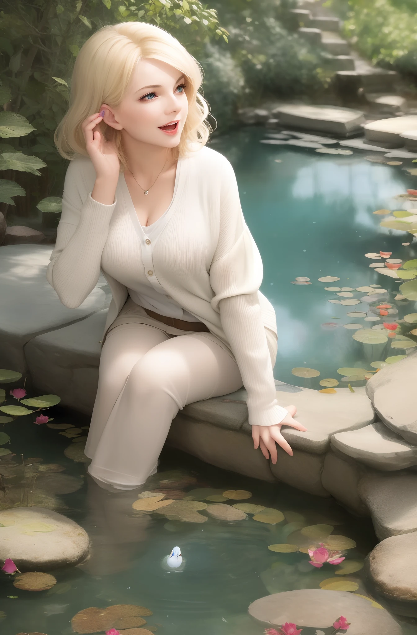 Exquisite, masterpiece, upper body, adult woman, (Laughter: 0.6), blond hair, aquamarine eyes, see-through cardigan, snow white, background with pond