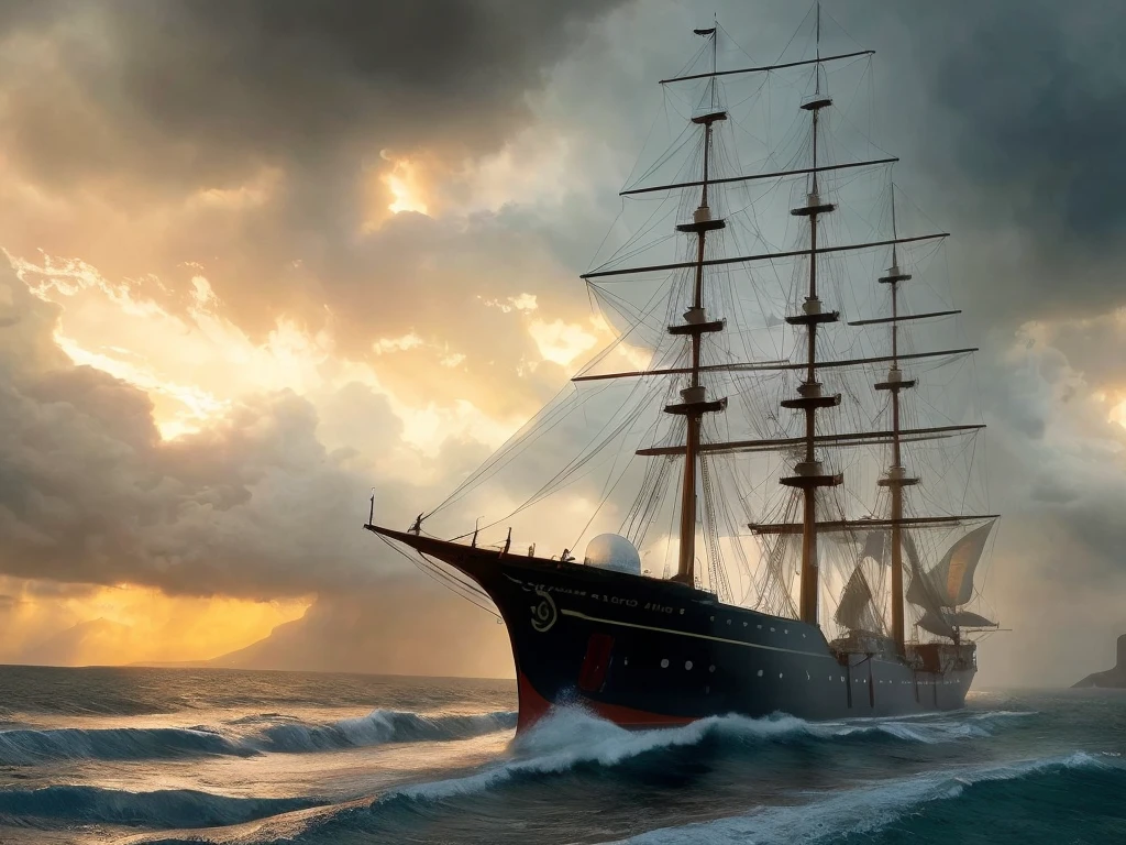 large three-masted ship flying a pirate flag, sails up, front view, storm, foam on the waves, sky from orange to dark blue, clouds, cinematic, realism, realistic, sharp focus, emitting diodes, smoke, artillery, sparks, racks, system unit, motherboard, by pascal blanche rutkowski repin artstation hyperrealism painting concept art of detailed character design matte painting, 4 k resolution blade runner