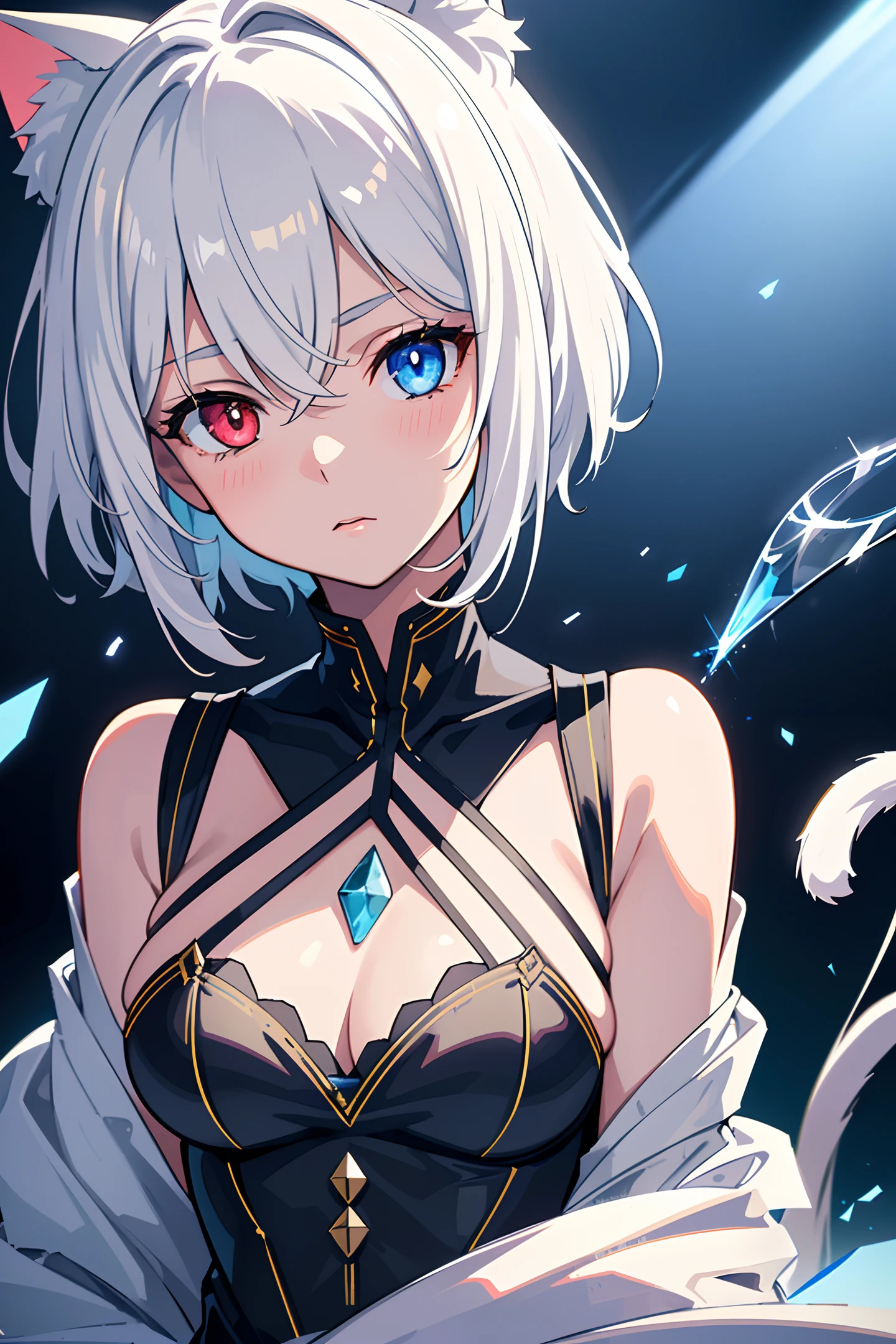 (masterpiece, best quality, ultra-detailed, best shadow), (detailed background,dark fantasy), (beautiful detailed face), high contrast, (best illumination, an extremely delicate and beautiful), ((cinematic light)), colorful, hyper detail, dramatic light, intricate details, (1 girl, solo,white hair, sharp face,blue and red eyes, hair between eyes,dynamic angle), swirling black light around the character, depth of field,black light particles,(broken glass),magic circle,cat girl,short hair, xenoblade, (heterochromia), ((cat ears))