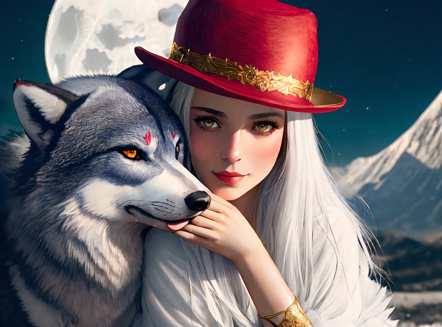 a beautiful girl with a ((red hat:1.5)) on her head ((huging a cute wolf:1.5)), rings, (long white hair:1.3), light dress, (fantasy make up:1.3), (star in hand:1.3), (gold tattoo:1.4), (green:1.1 and eyes:1.2), fantasy style, ( sitting on the moon:1.4), vibrant feathers, intricate, elegant, artstation, smooth, sharp focus, illuminated lines, outrun, vaporware, intricate venetian patterns, (natural skin texture, hyperrealism, soft light, sharp:1.2), 8k uhd, dslr, high quality, film grain, fujifilm xt3, realistic, head closeup, mountains