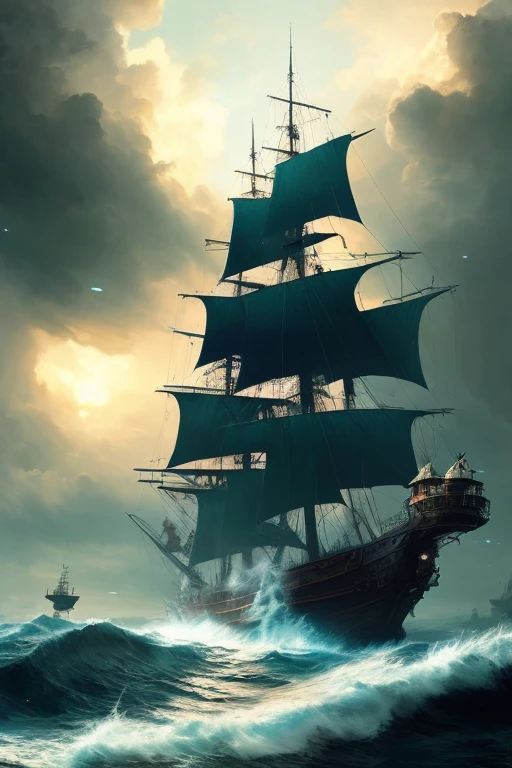 large three-masted ship flying a pirate flag, sails up, front view, storm, foam on the waves, sky from orange to dark blue, clouds, cinematic, realism, realistic, sharp focus, emitting diodes, smoke, artillery, sparks, racks, system unit, motherboard, by pascal blanche rutkowski repin artstation hyperrealism painting concept art of detailed character design matte painting, 4 k resolution blade runner