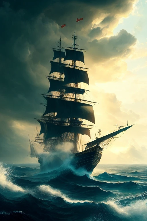 large three-masted ship flying a pirate flag, sailing up, front view, storm, foam on the waves, sky from orange to dark blue, clouds, cinematography, realism, realistic, clear focus, emitting diodes, smoke, artillery, sparks, racks, system unit, motherboard, author: pascal blanche rutkowski repin, hyperrealism, art station, detailed character design concept art, matte painting, 4 k resolution