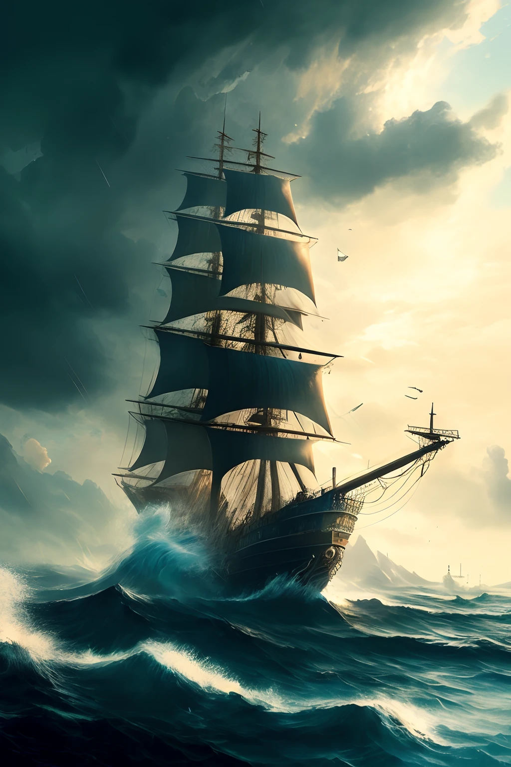 large three-masted ship flying a pirate flag, sailing up, front view, storm, foam on the waves, sky from orange to dark blue, clouds, cinematography, realism, realistic, clear focus, emitting diodes, smoke, artillery, sparks, racks, system unit, motherboard, author: pascal blanche rutkowski repin, hyperrealism, art station, detailed character design concept art, matte painting, 4 k resolution