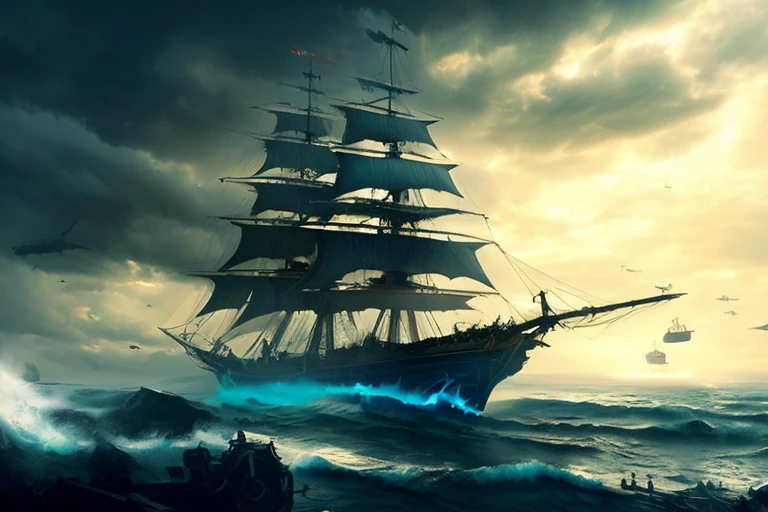 large three-masted ship under a pirate flag rising up, front view, storm, foam on the waves, sky from orange to dark blue, clouds, cinematography, realism, realistic, clear focus, emitting diodes, smoke, artillery, sparks, racks, system unit, motherboard, author: pascal blanche rutkowski repin, hyperrealism, art station, detailed character design concept art, matte painting, 4 k resolution