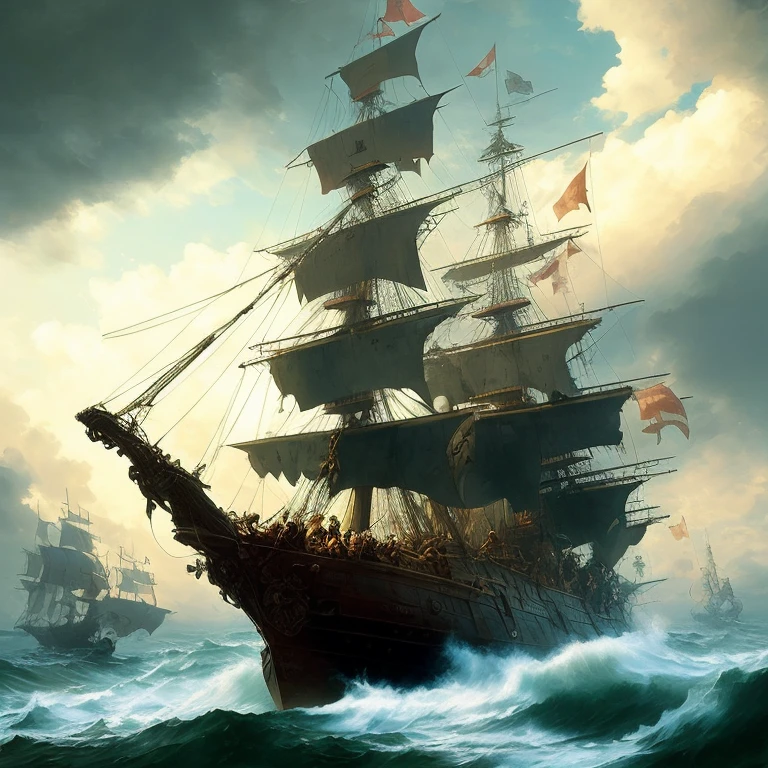 Pirate ship in the midst of bad weather, detailed oil painting, unreal 5 render, Rads, Sargent and Leyendecker, Savrasov, Levitan Polenov, Bruce Pennington, ghibli studio, Tim Hildebrandt, digital art, landscape painting, octane render, beautiful composition, popular on artstation, award-winning photography, masterpiece, sekart style (dreamlikart:1.2). mdjrny-v4 style