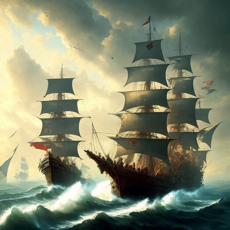 Pirate ship in the midst of bad weather, detailed oil painting, unreal 5 render, Rads, Sargent and Leyendecker, Savrasov, Levitan Polenov, Bruce Pennington, ghibli studio, Tim Hildebrandt, digital art, landscape painting, octane render, beautiful composition, popular on artstation, award-winning photography, masterpiece, sekart style (dreamlikart:1.2). mdjrny-v4 style