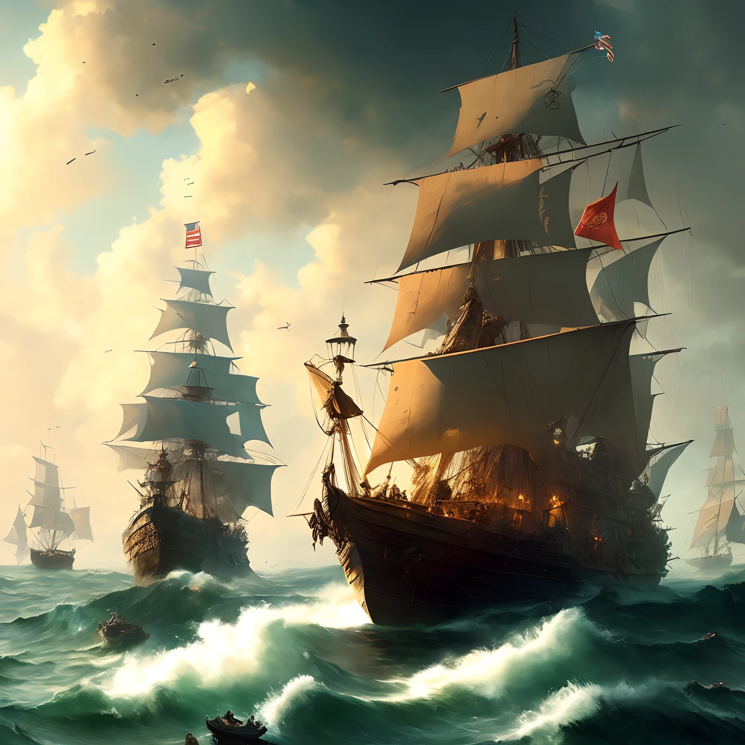 Pirate ship in the midst of bad weather, detailed oil painting, unreal 5 render, Rads, Sargent and Leyendecker, Savrasov, Levitan Polenov, Bruce Pennington, ghibli studio, Tim Hildebrandt, digital art, landscape painting, octane render, beautiful composition, popular on artstation, award-winning photography, masterpiece, sekart style (dreamlikart:1.2). mdjrny-v4 style